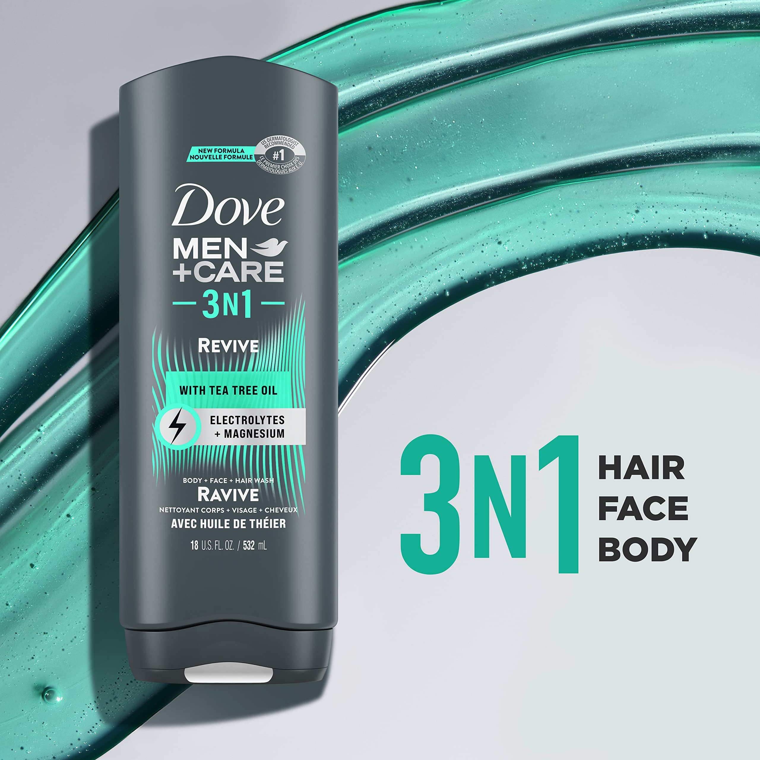 Dove Men + Care Post-Workout Body Wash 3N1 Revive 4 Count For Men With Tea Tree Oil, 18 Oz