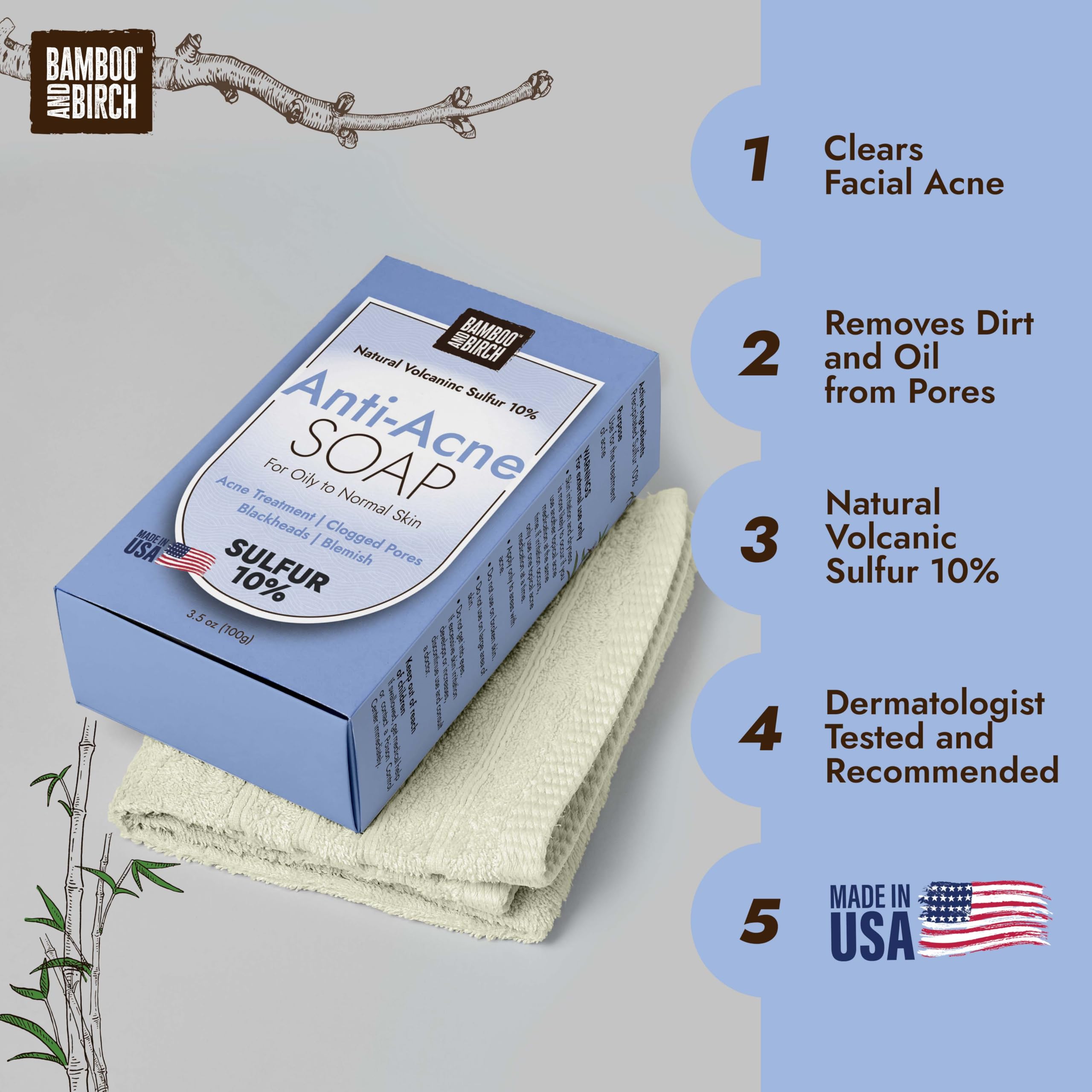 Bamboo And Birch Sulfur Soap Bar, Face And Back Acne Treatment, Sulfur 10%, 3.5 Oz Acne Soap Bar With Salicylic Acid Helps You R