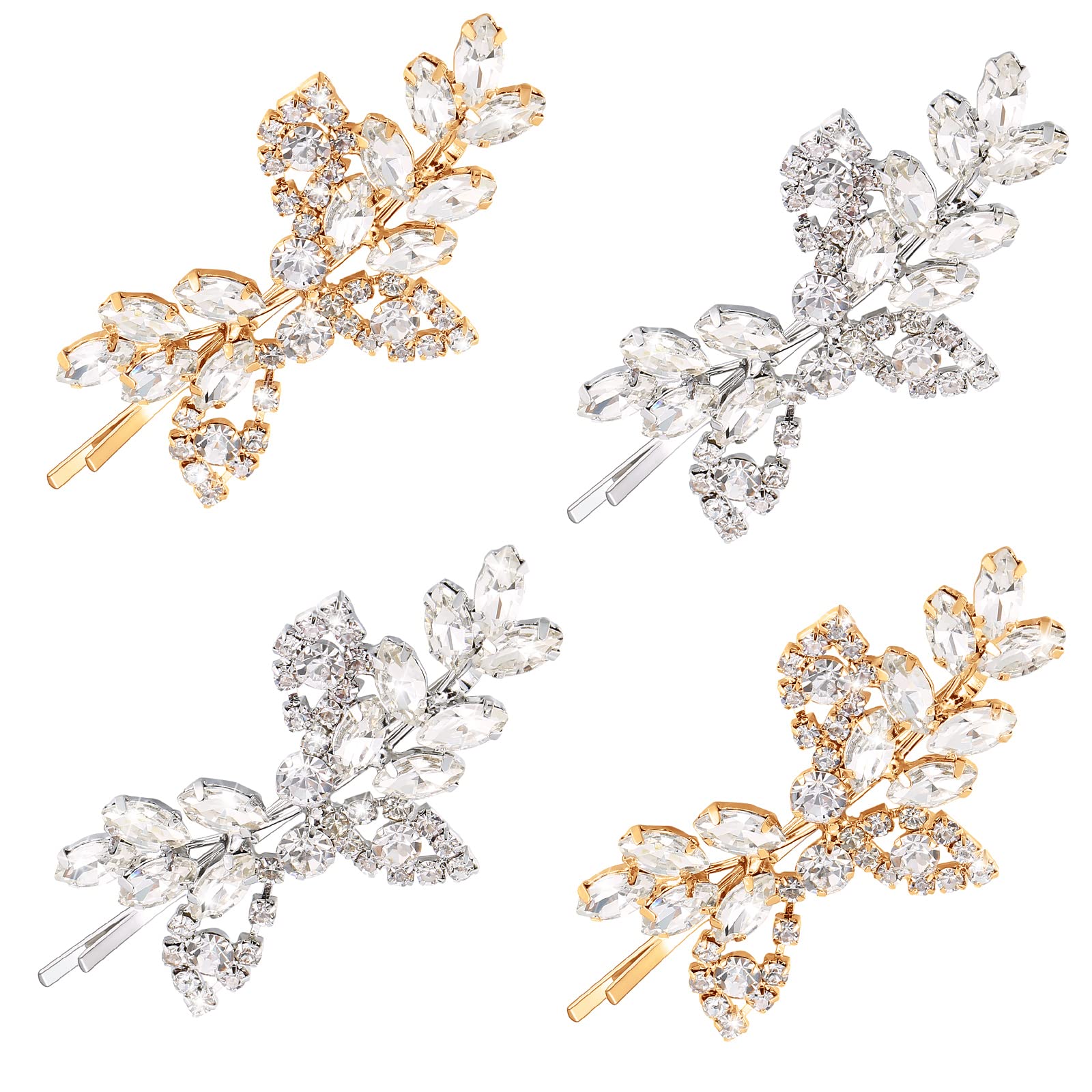 Waydress 4 Pieces Rhinestone Hair Clip Set, Leaf Wedding Hairpin Bride Pearl Crystal Hair Clips Rhinestone Barrette Elegant Brid