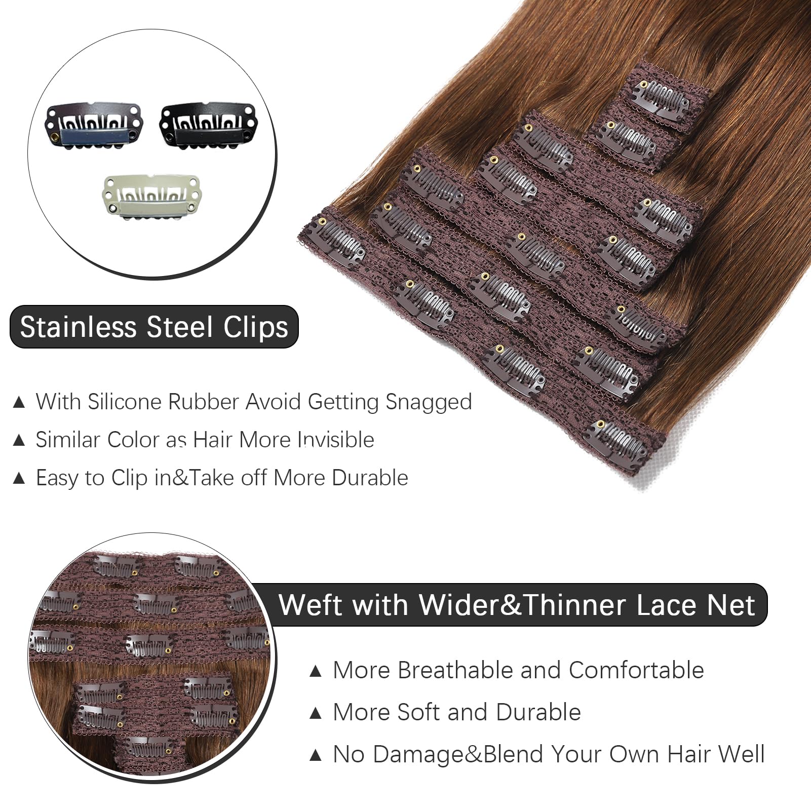 Rimoss Clip In Hair Extensions Real Human Hair, 22 Inch Chocolate Brown Remy Human Hair Clip In Extensions Straight, Premium Sof