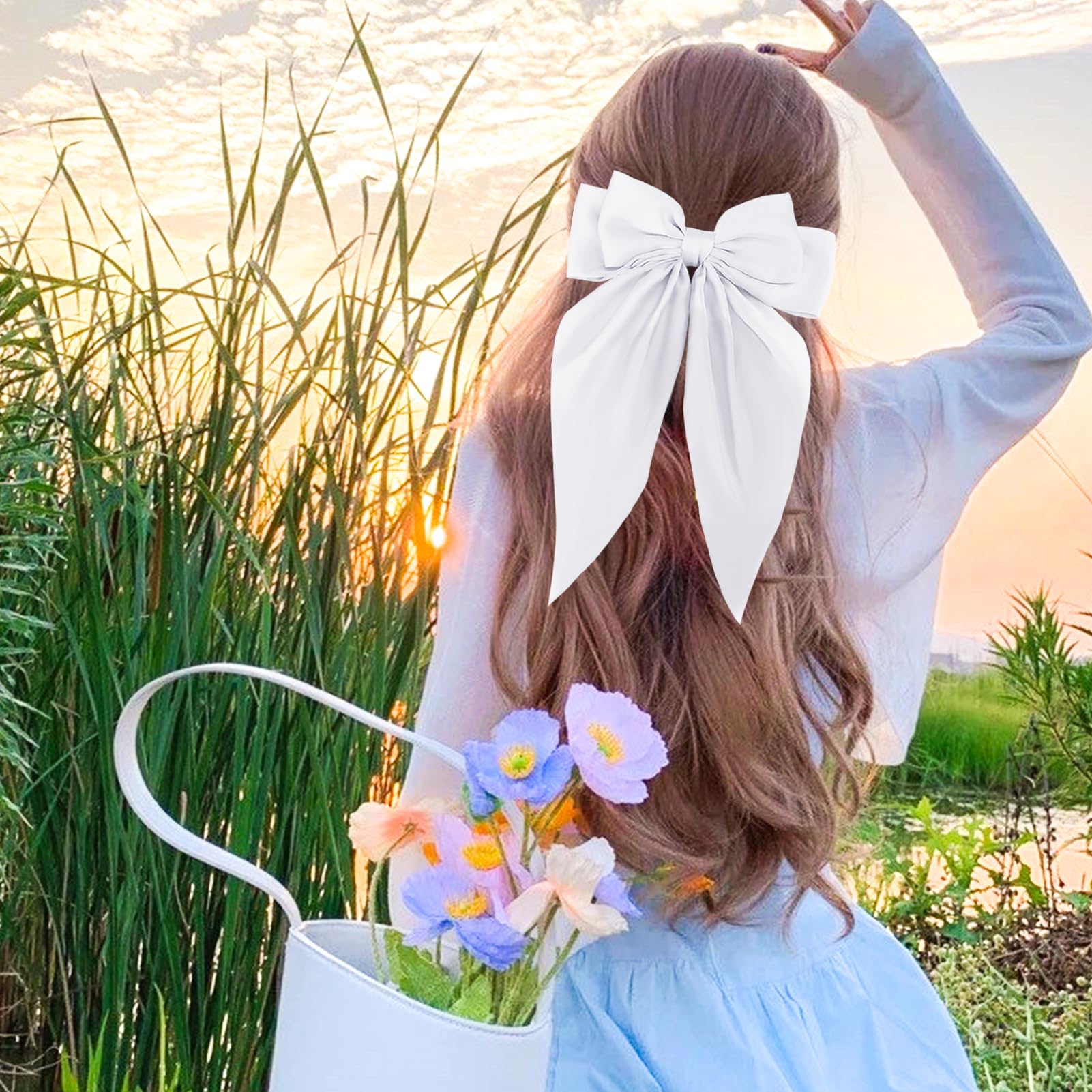 Zkptops 3Pcs Hair Bow Clips For Women Girls Silky Satin Bow Hair Clips Hair Ribbon With Long Tail Cute Oversized Hair Clips Soft