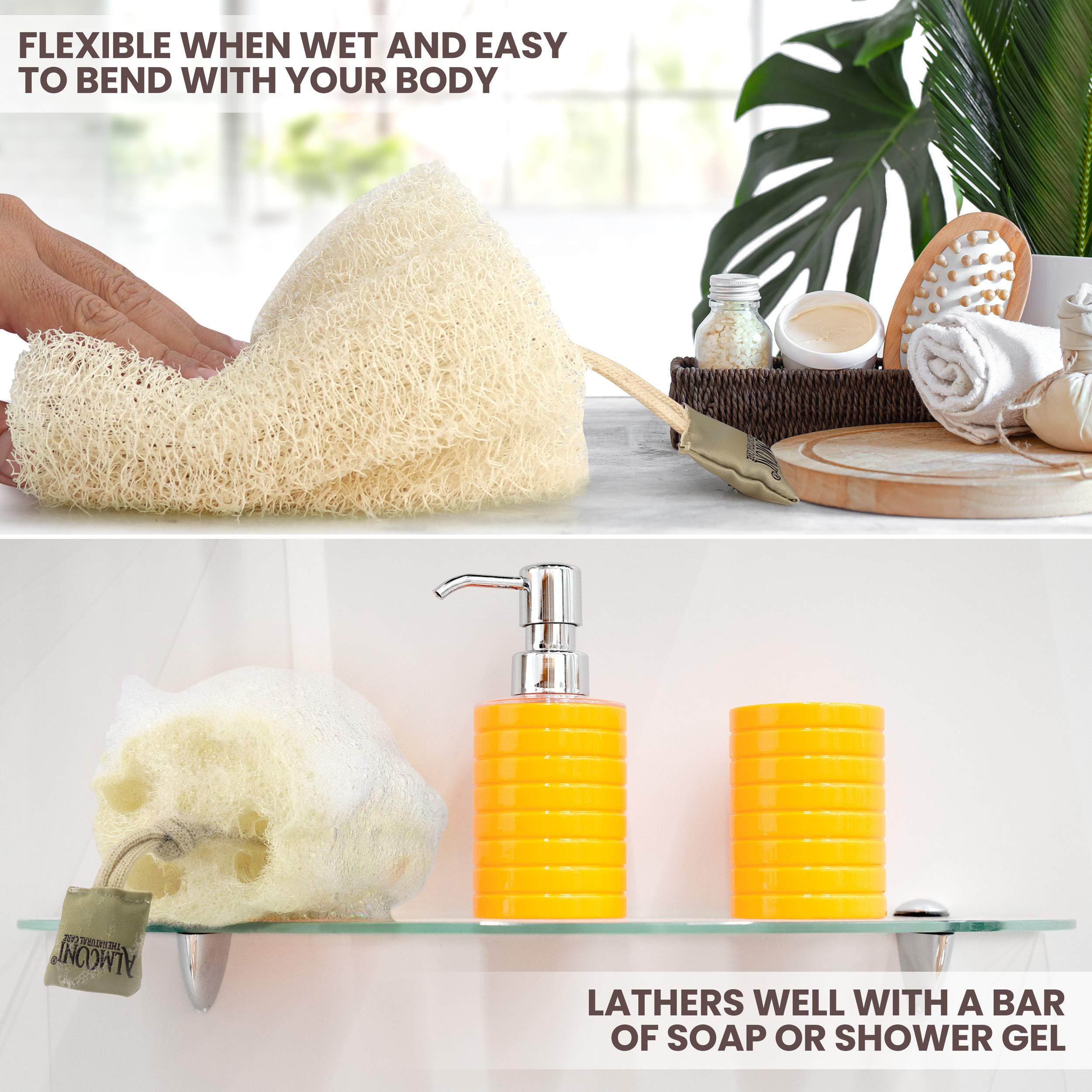 ALMOONI Egyptian Loofah Exfoliating Body Scrubber - Natural Tan Shower Sponge, 3 Count Pack for Men & Women, Perfect for Body & Face Cleaning