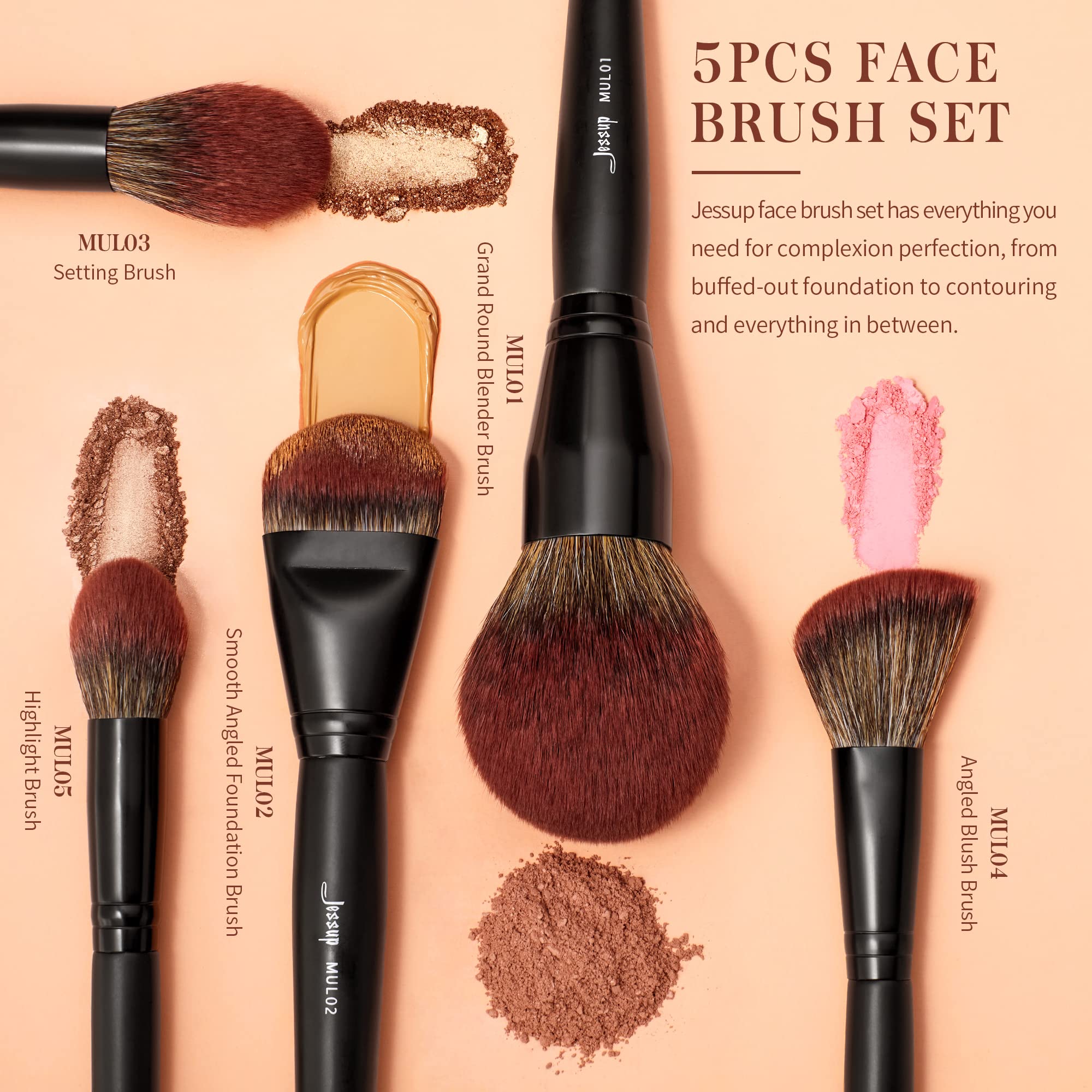 Jessup Large Face Makeup Brushes 5Pcs, Premium Synthetic Foundation Powder Contour Blusher Highlighter Brush, Phantom Black T273
