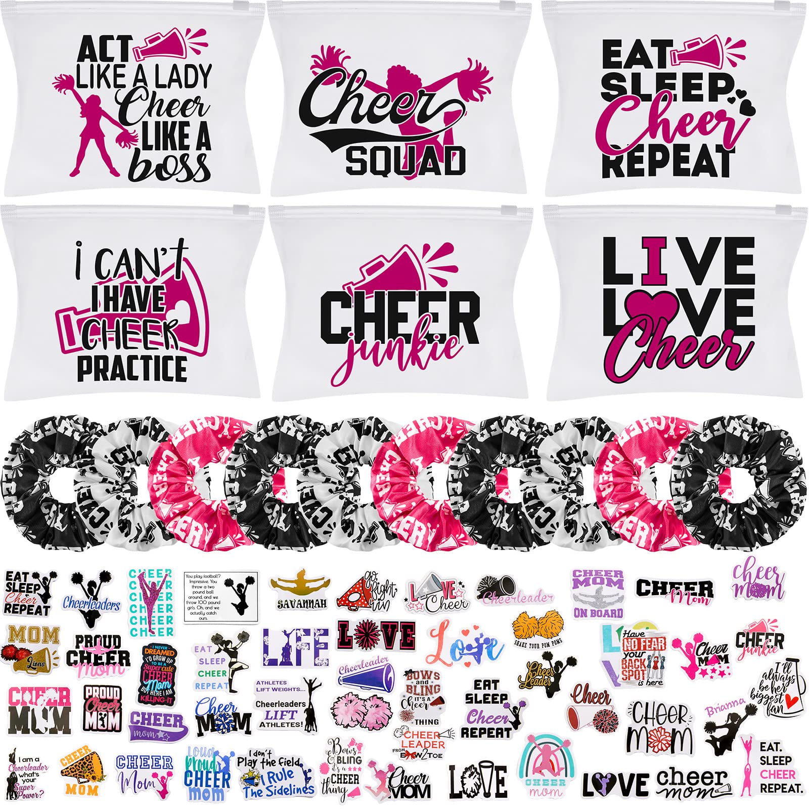 Amylove 65 Pcs Cheerleader Gifts Bulk Cheer Makeup Bag Portable Sports Cosmetic Zipper Pouches Cheer Scrunchies Cheerleading Hai