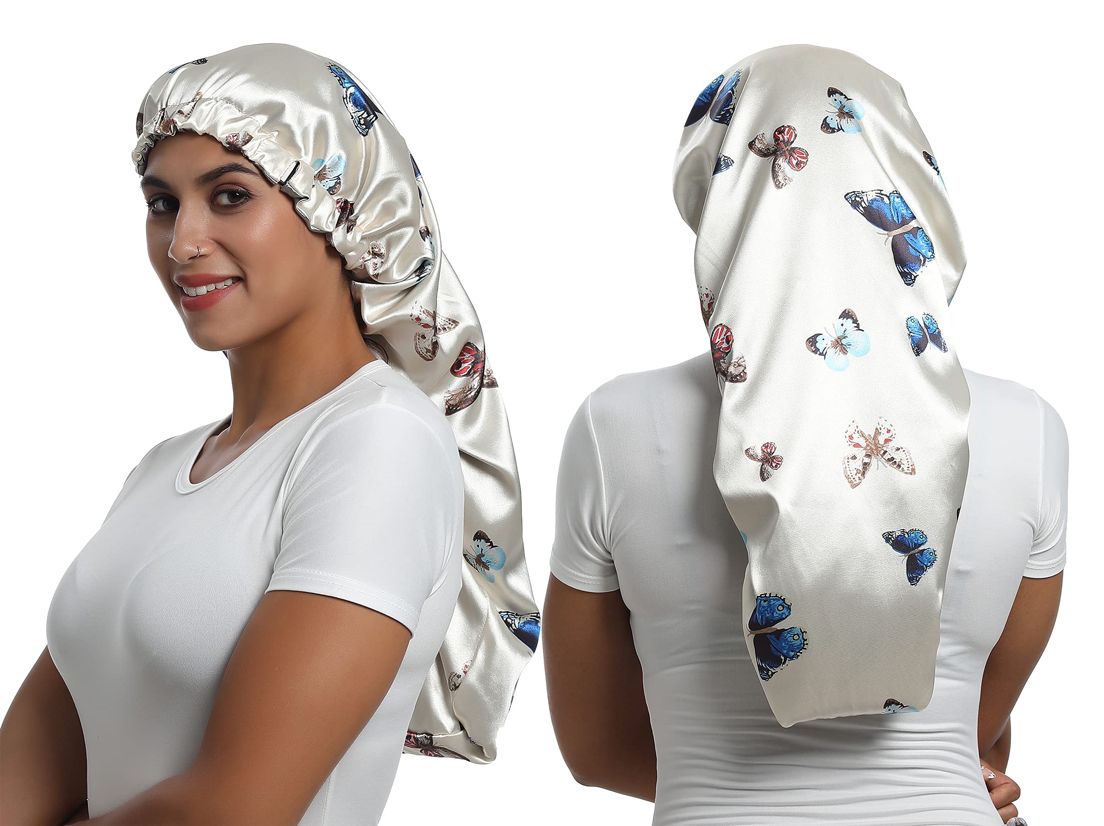 Saymre Satin Bonnet Silky Sleep Cap,Adjustable Hair Bonnet For Braids Curly Hair (Long Size, Long Butterfly)