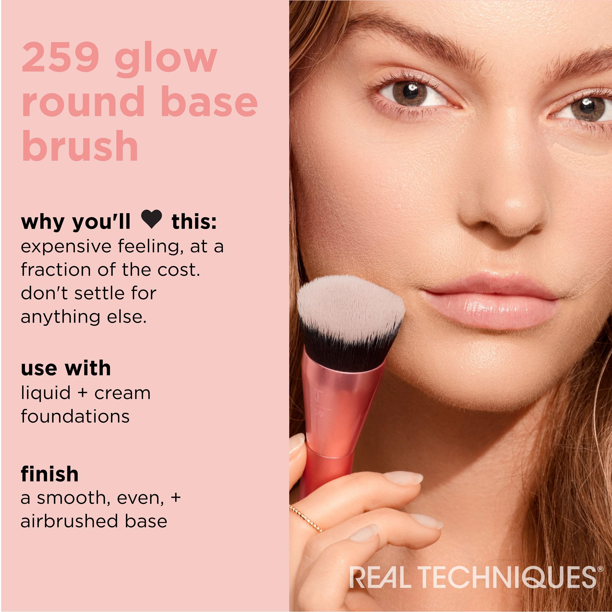 Real Techniques Glow Round Base Makeup Brush, For Liquid & Cream Makeup, Flat Top Foundation Brush For Buffing & Blending Up Cov