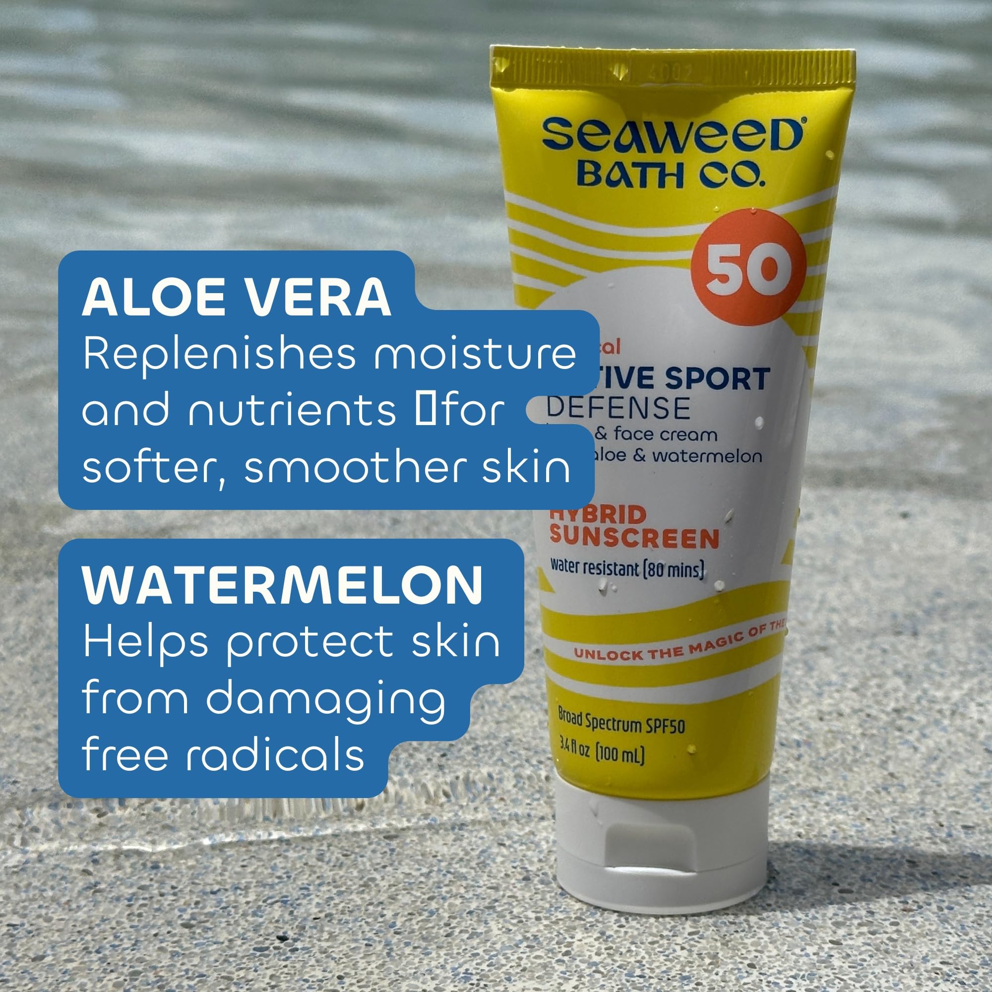 Seaweed Bath Co. Active Defense Spf 50 Sport Broad Spectrum Hybrid Sunscreen Cream, 3.4 Ounce, Sustainably Harvested Seaweed, Al