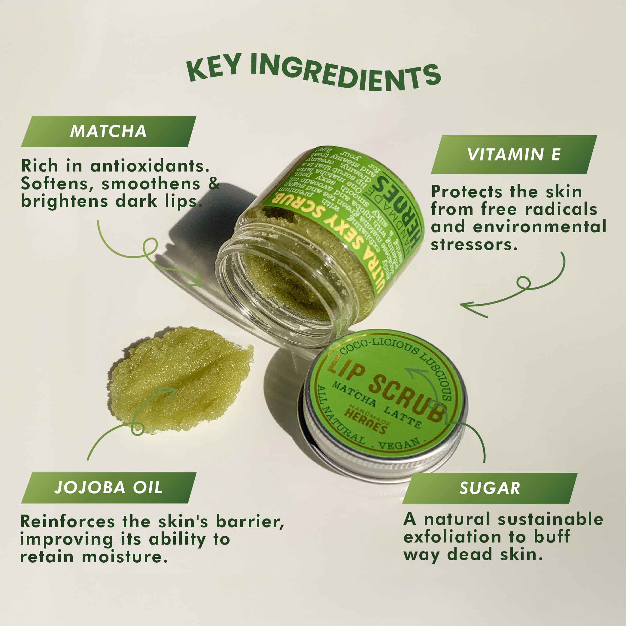Handmade Heroes Matcha Latte Lip Scrub 1Oz | 100% Natural Vegan Skin Care | Deep Conditioning Lip Scrub For Dry Lips With Jojoba