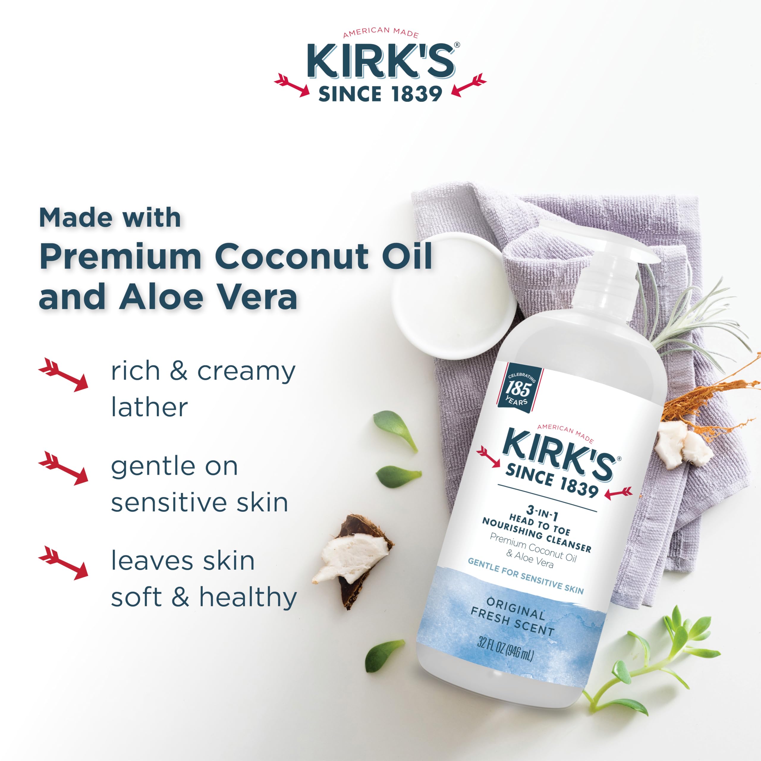 Kirk'S 3-In-1 Castile Liquid Soap Head-To-Toe Natural Shampoo, Face Soap & Body Wash For Men, Women & Children | Coconut Oil + A