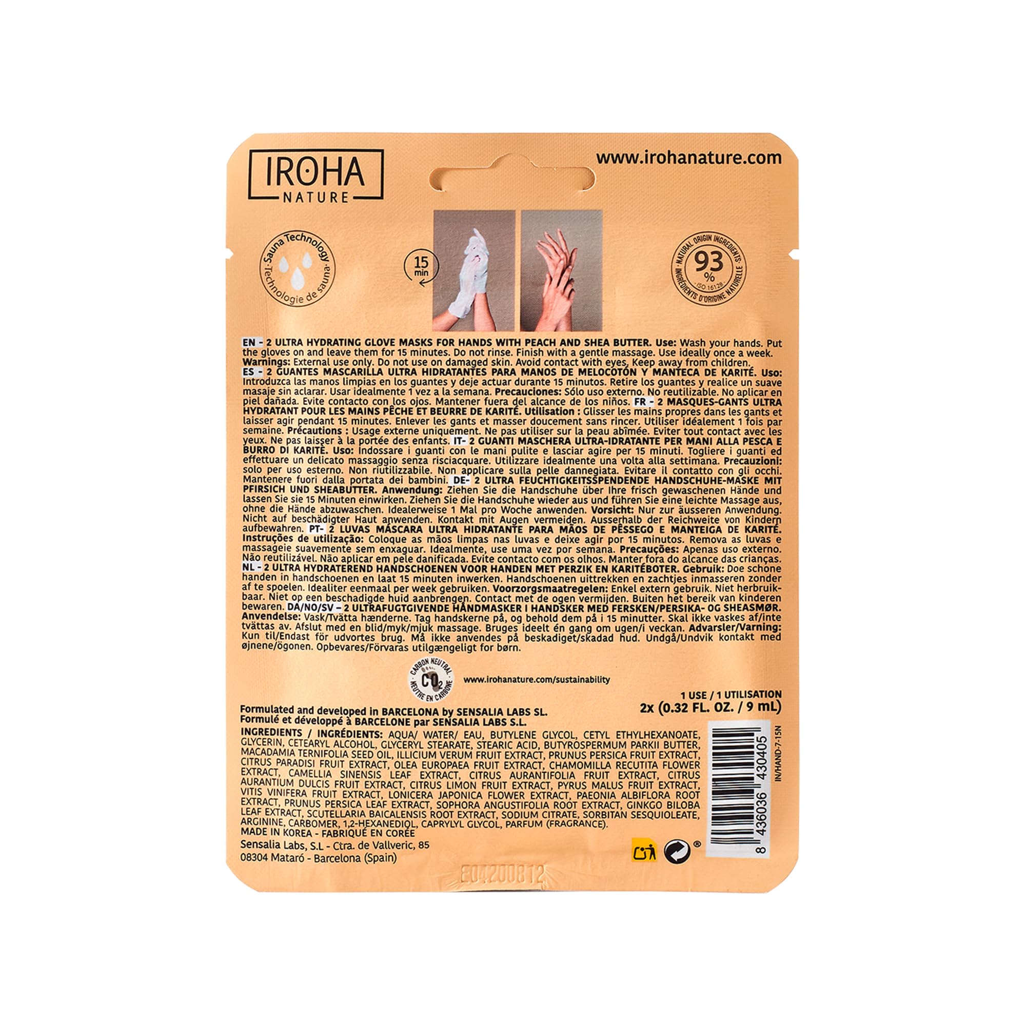 Iroha Nature Hand Mask With Peach & Shea Butter - 4 Pairs - Moisturizing Gloves For Dry, Cracked, Aging Hands | Intensive Skinca