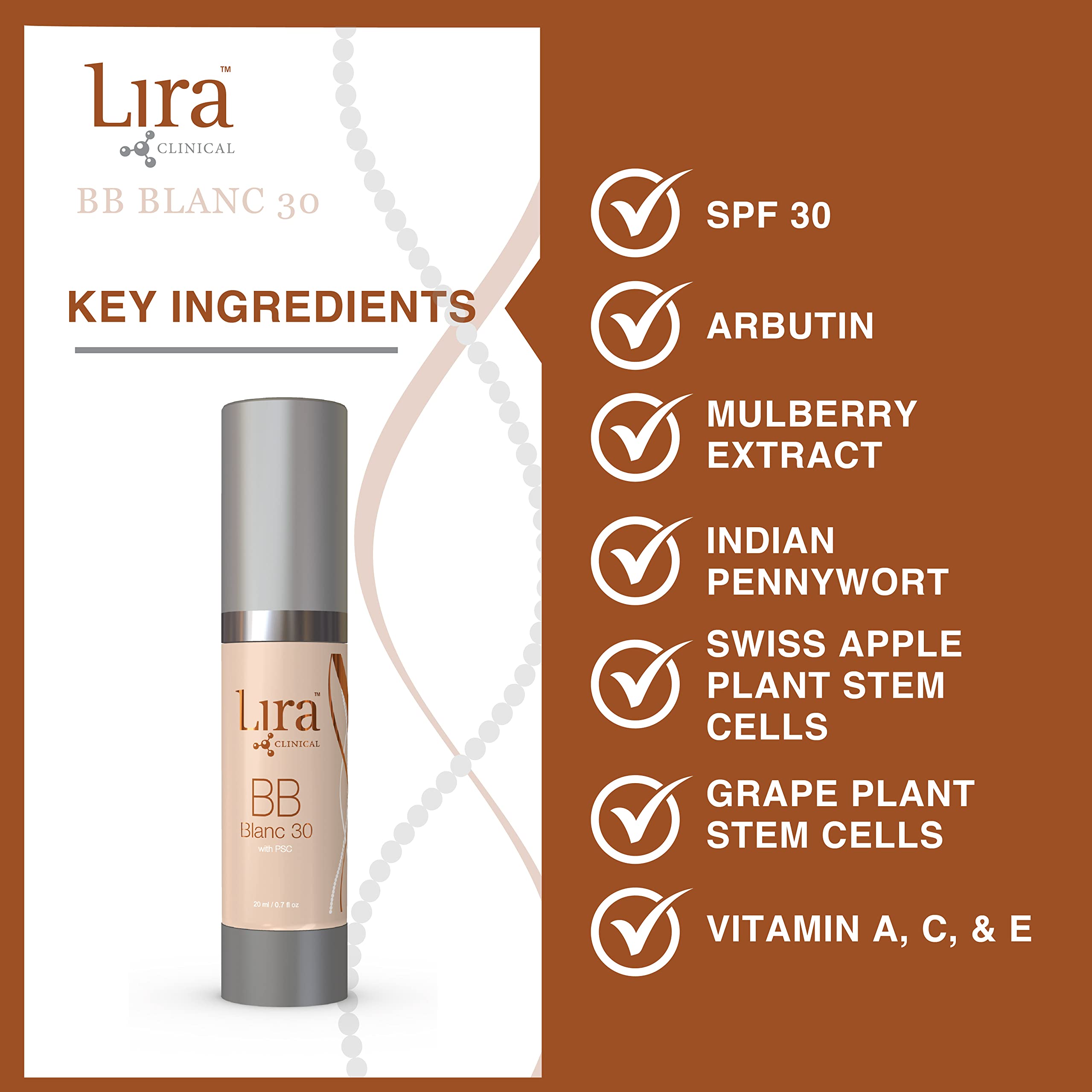 Lira Clinical Bb - Spf 30 Tinted Bb Cream With Psc & Vitamins - Full Coverage - 0.7 Fl Oz. (Bb Blanc 30)