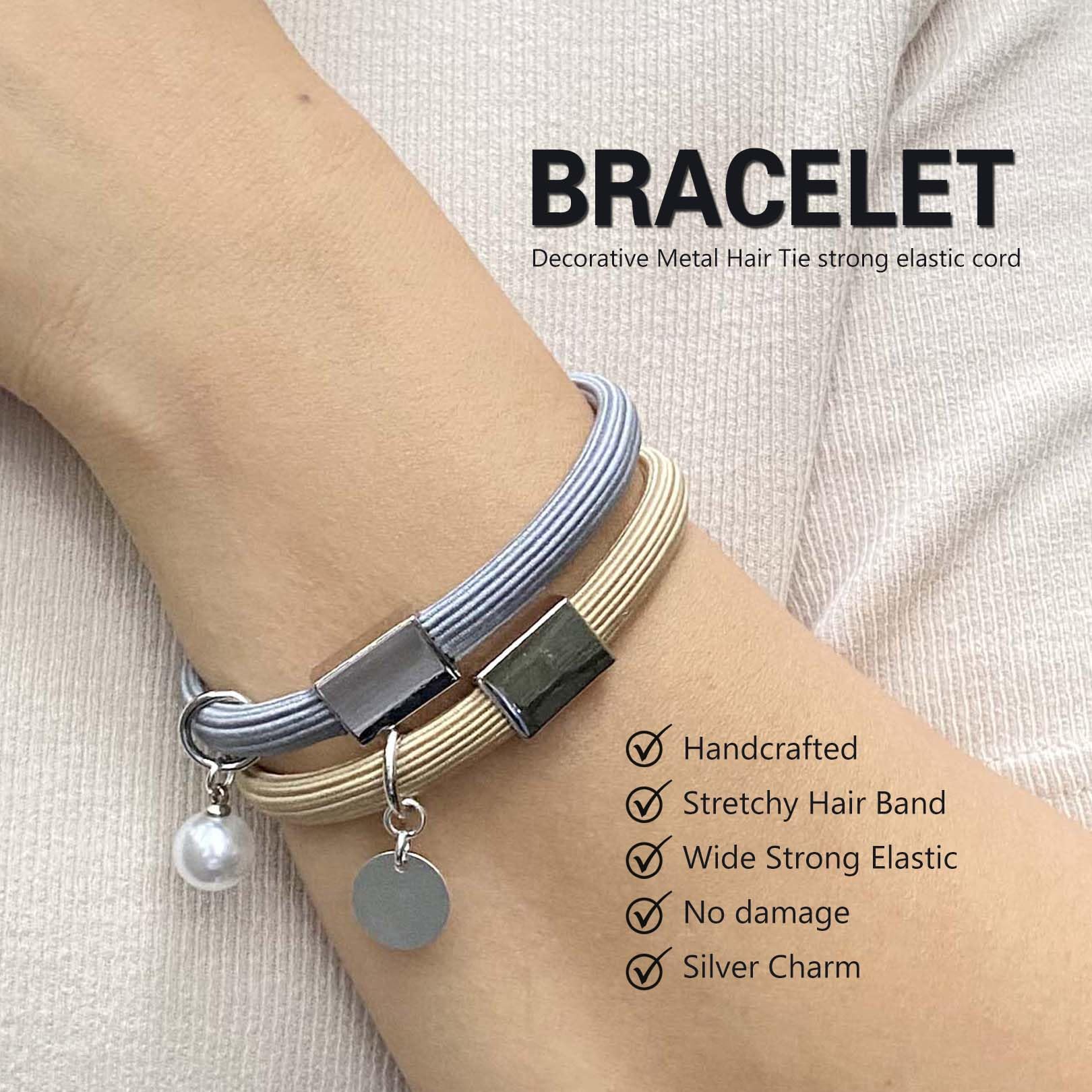 Thick Hair Ties Bracelets For Women, 8Mm Ponytail Holders With Silver Charm, Cute Elastic Bands For Girls, Soft No-Slip Stretchy