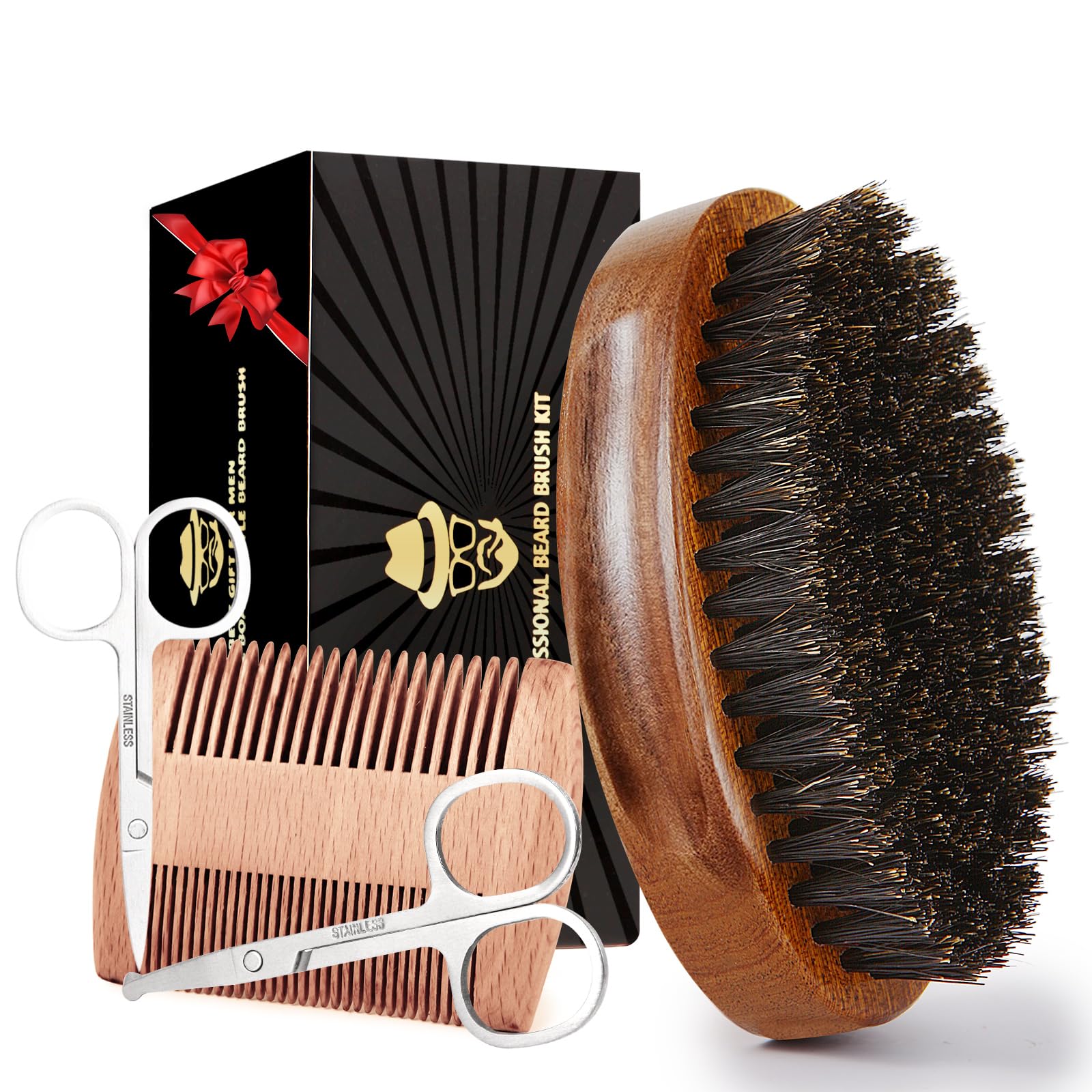 Sosoon Beard Brush for Men, 100% Pure Boar Bristle Beard Brush, Beard Grooming Set Including Beard Comb, 2 Pcs Mustache Scissors