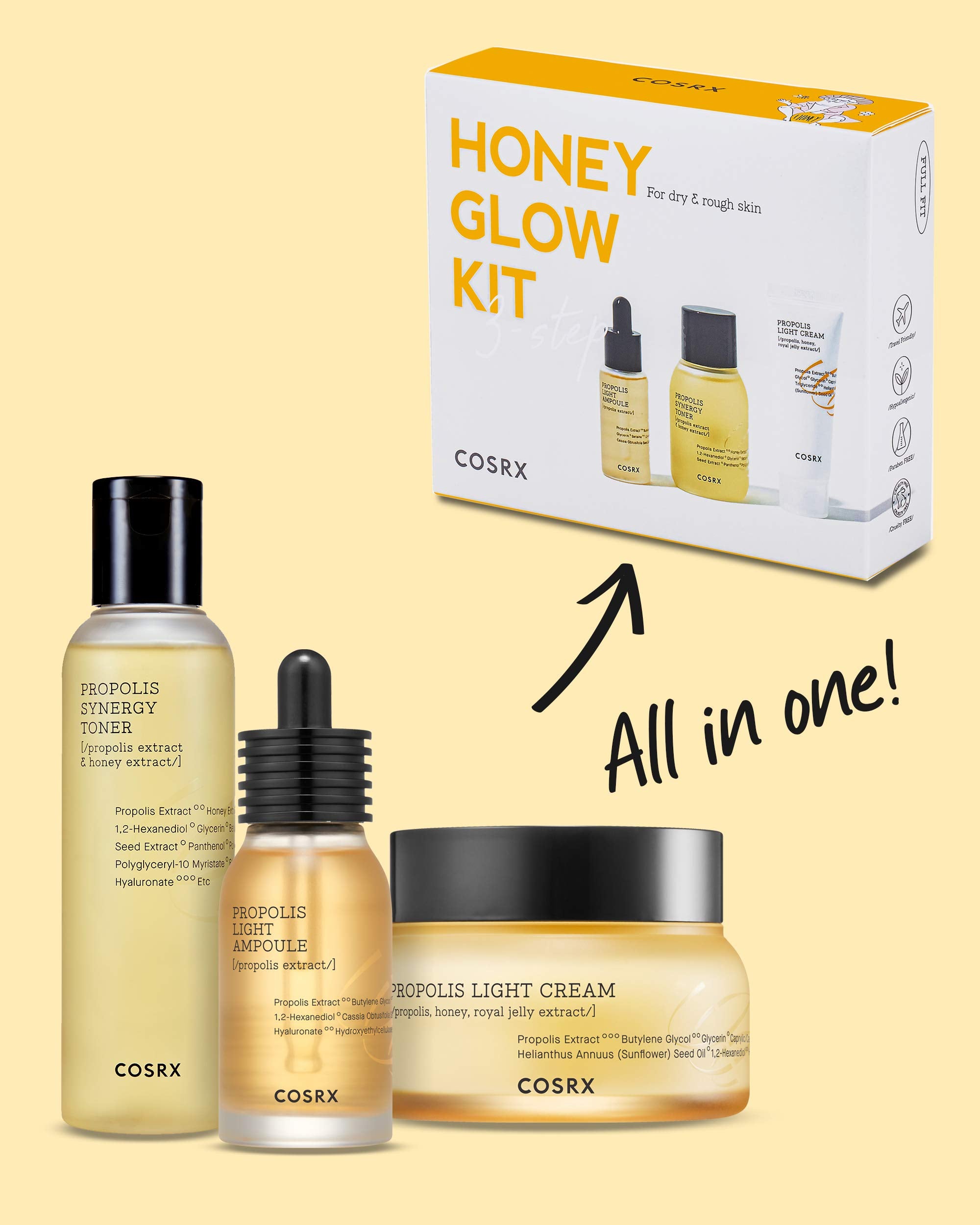 Cosrx Honey Glow Kit, Korean Skin Care Set With Propolis Facial Toner, Serum, & Cream, Mini Travel Essentials, Deep Moisture, Hy