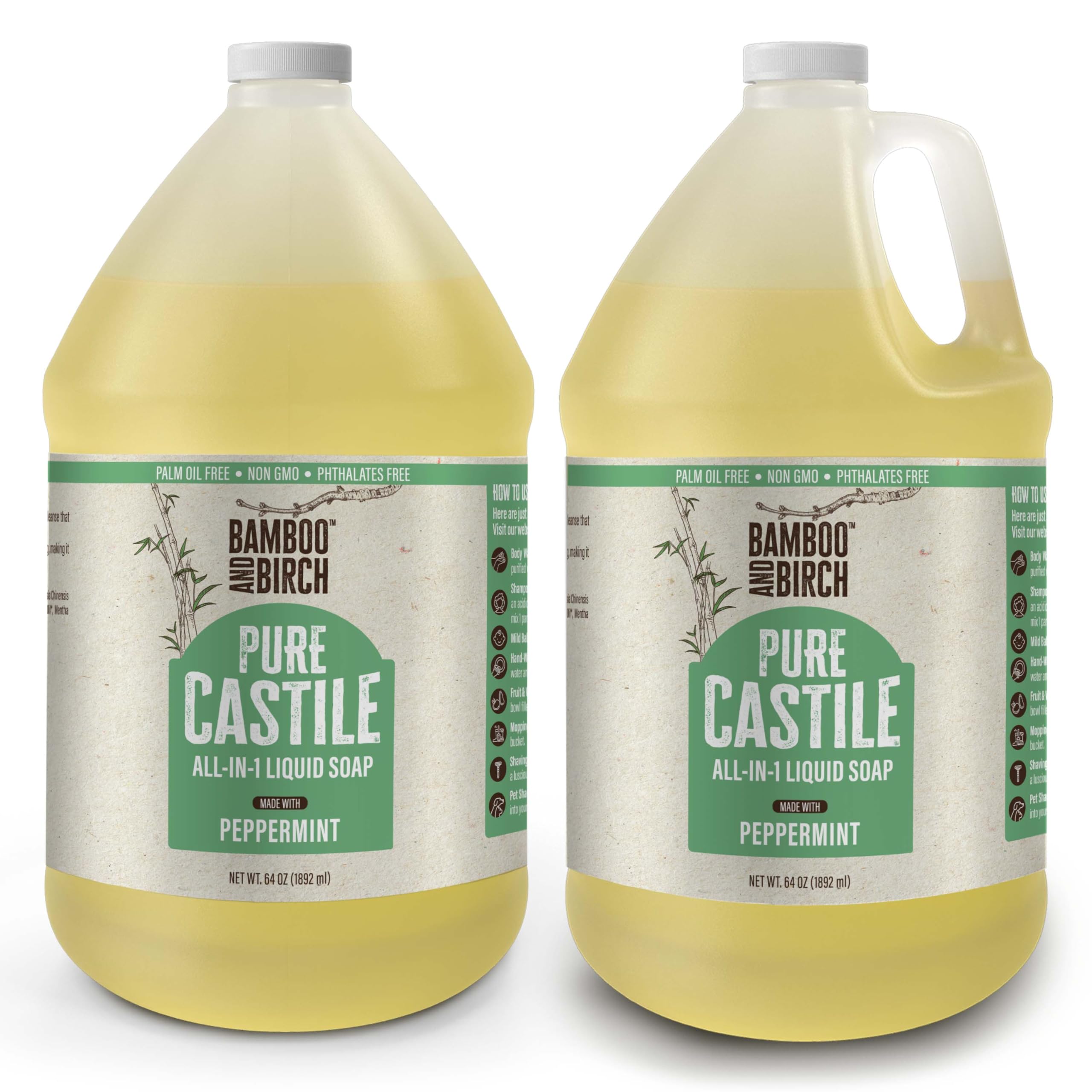 BAMBOO AND BIRCH Pure Castile Soap Liquid Organic, Certified Palm Oil Free Natural Soap, Peppermint, 1 Gallon