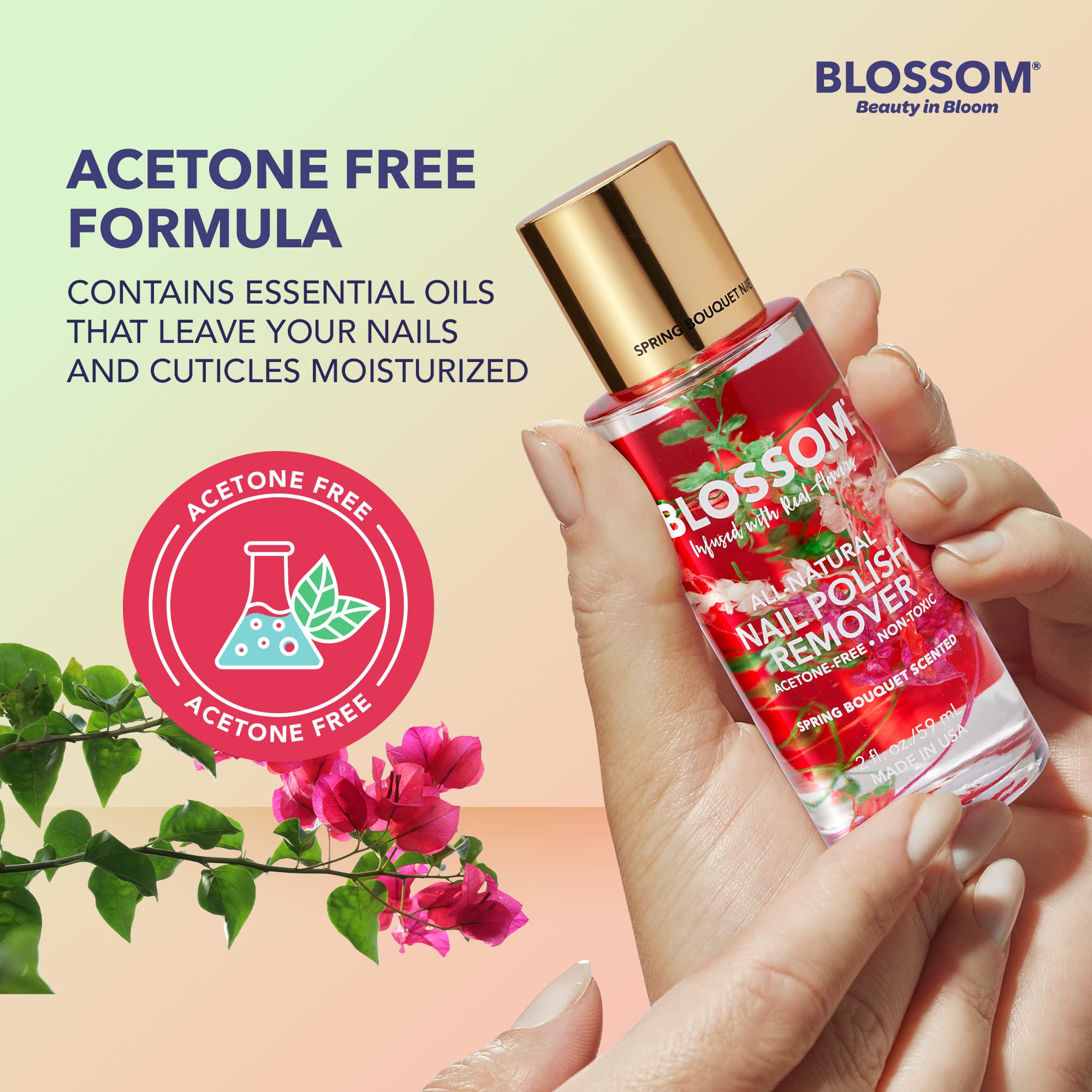 Blossom All Natural, Scented, Organic Plant-Based, Vegan, Cruelty Free, Acetone Free Nail Polish Remover, Infused With Real Flow
