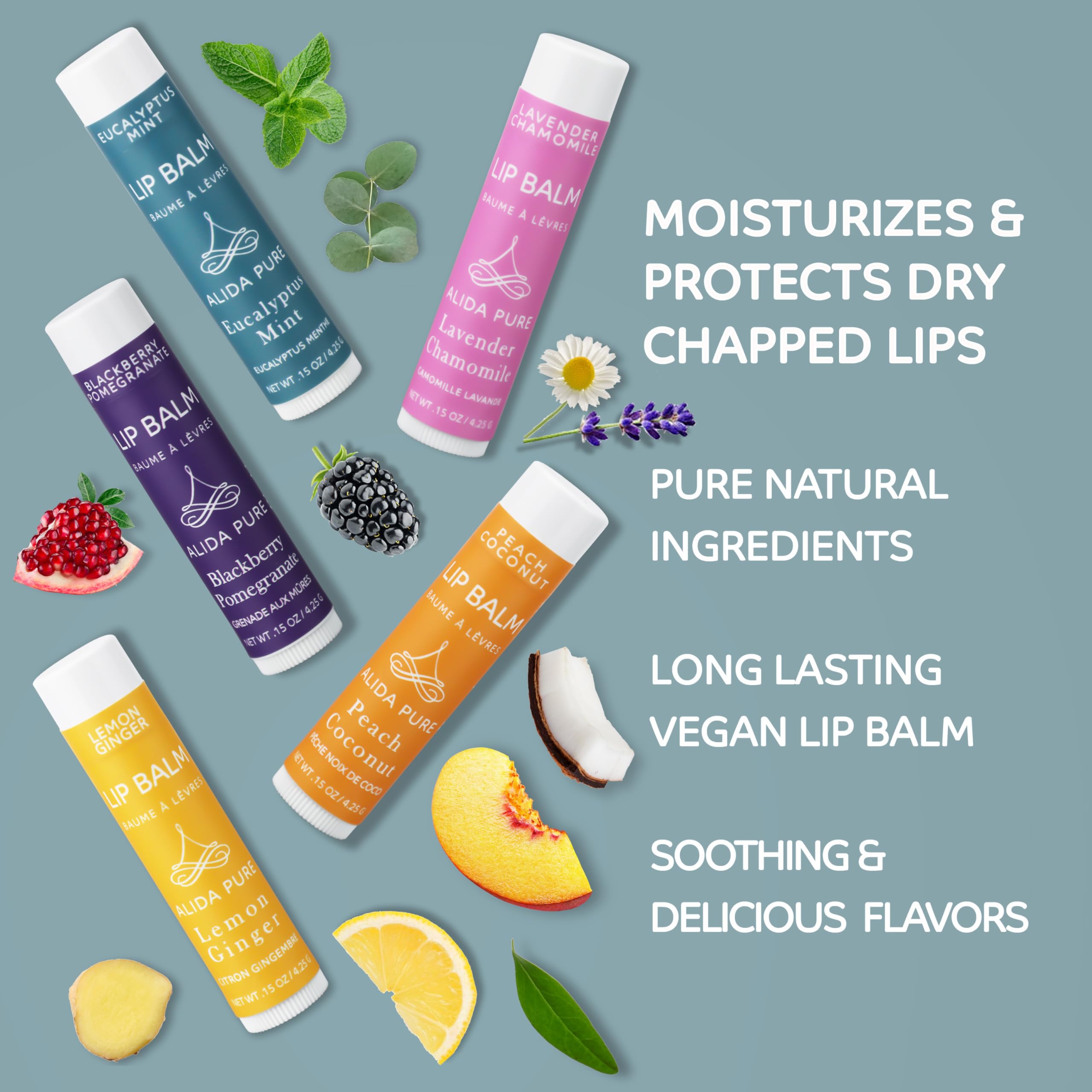 Alida Pure Duet Lip Balm Collection, Vegan Lip Balm Set, Beeswax Free, With Avocado Oil, Organic Jojoba Oil, And Vitamin E, Natu