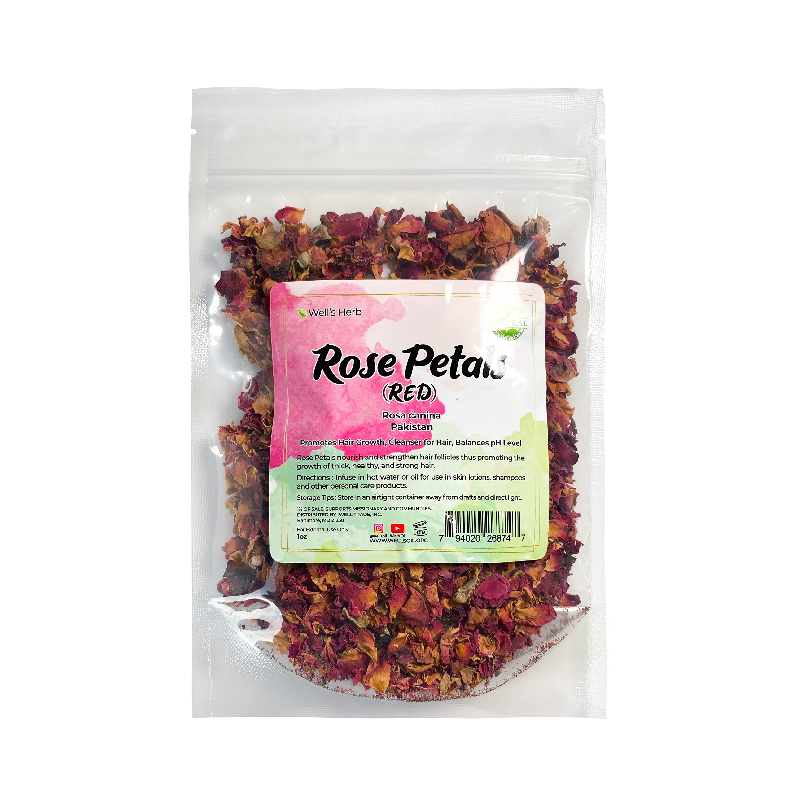 Well's Herb Dried Rose Petals | 1 oz. | 100% Natural | Perfect for Herbal-Infused Hair Oil | For Hair & Skin Oil DIY | Rose Peta