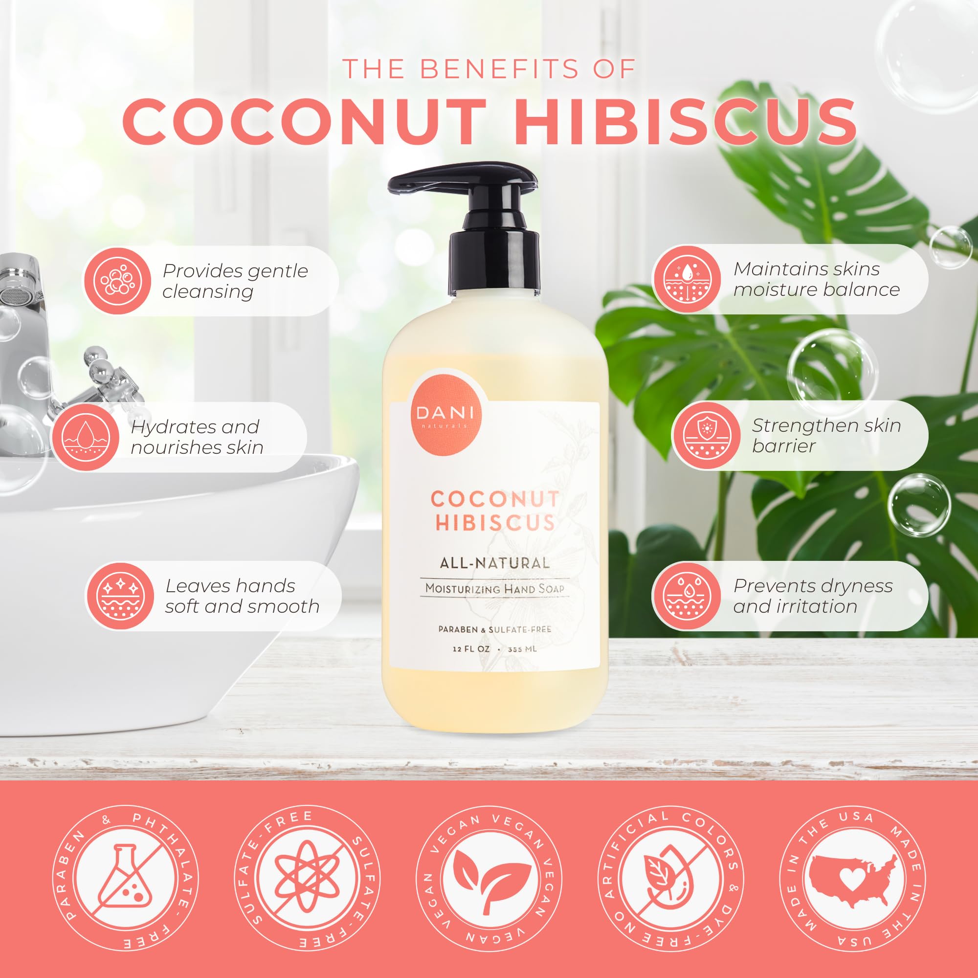 Dani Natural Moisturizing Liquid Handwash Naturals -Tropical Coconut Hibiscus Scented - Gentle Soap With Organic Aloe Vera - 12