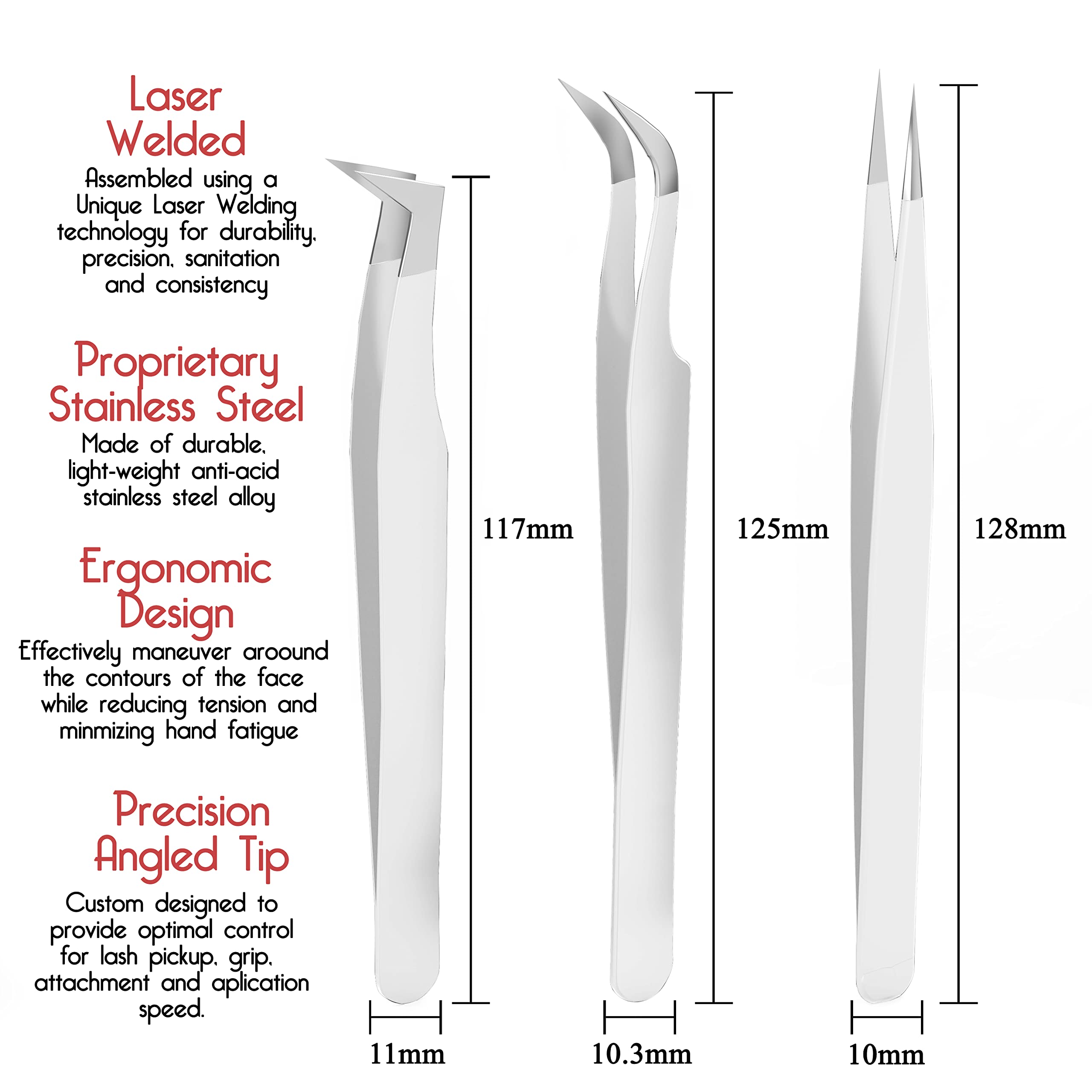 Sivote Lash Tweezers For Eyelash Extensions, Hand Calibrated Straight & Curved Tip, Pack Of 3, White