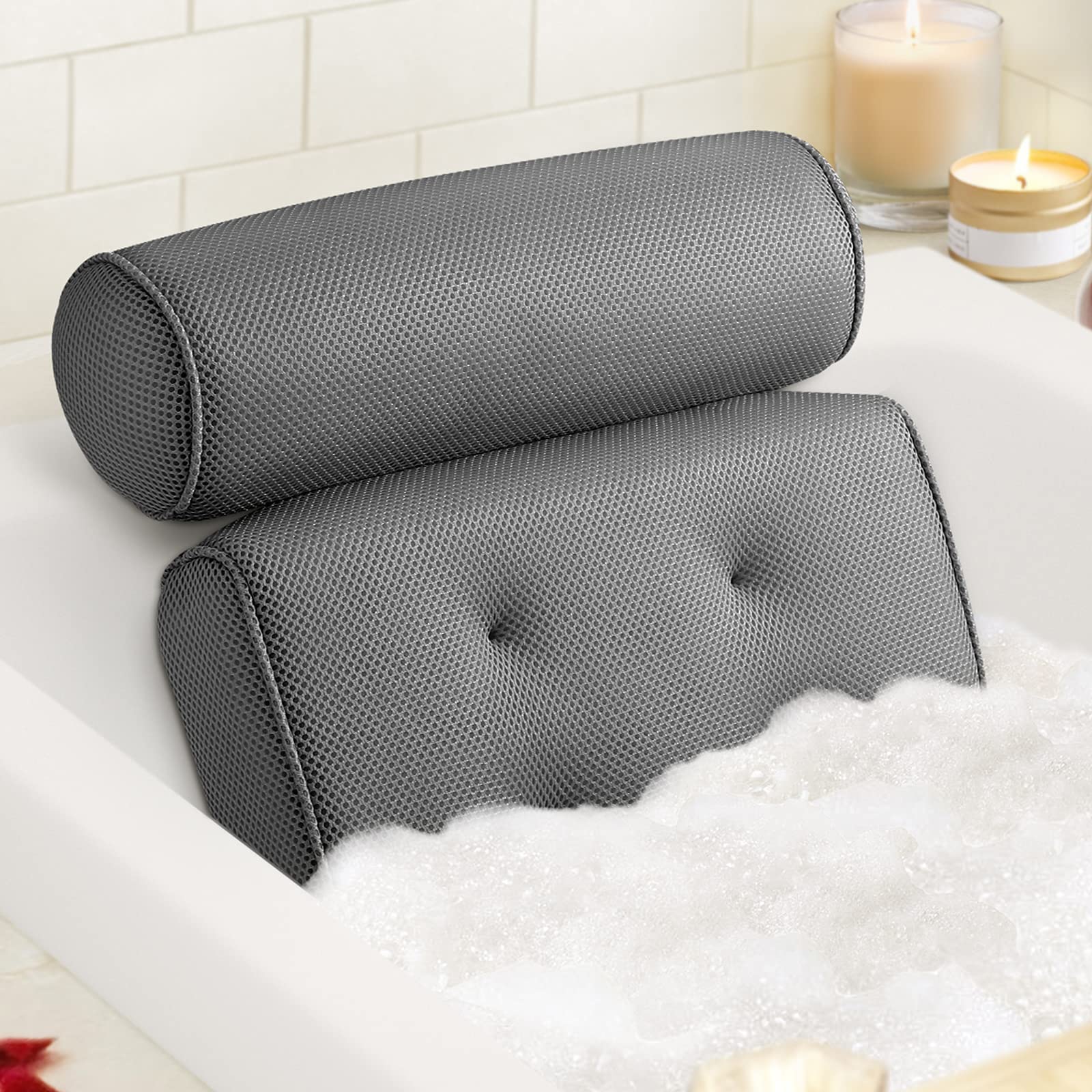 Luxstep Bath Pillow Bathtub Pillow With 6 Non-Slip Suction Cups,14.6X12.6 Inch, Extra Thick And Soft Air Mesh Pillow For Bath -
