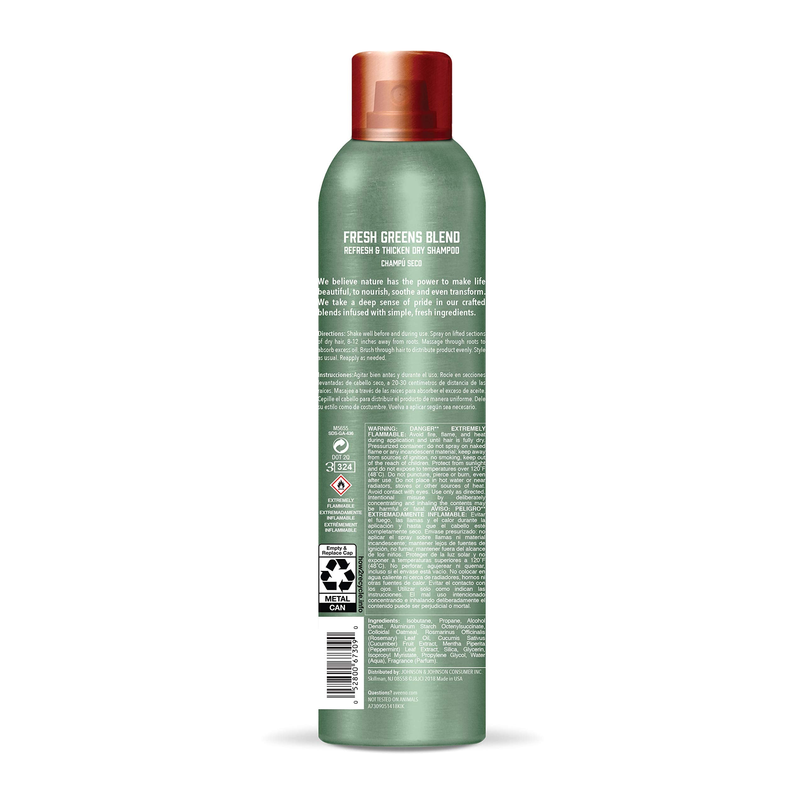 Aveeno Fresh Greens Blend Sulfate-Free Dry Shampoo Spray With Rosemary, Peppermint & Cucumber To Thicken & Nourish, Volumizing D