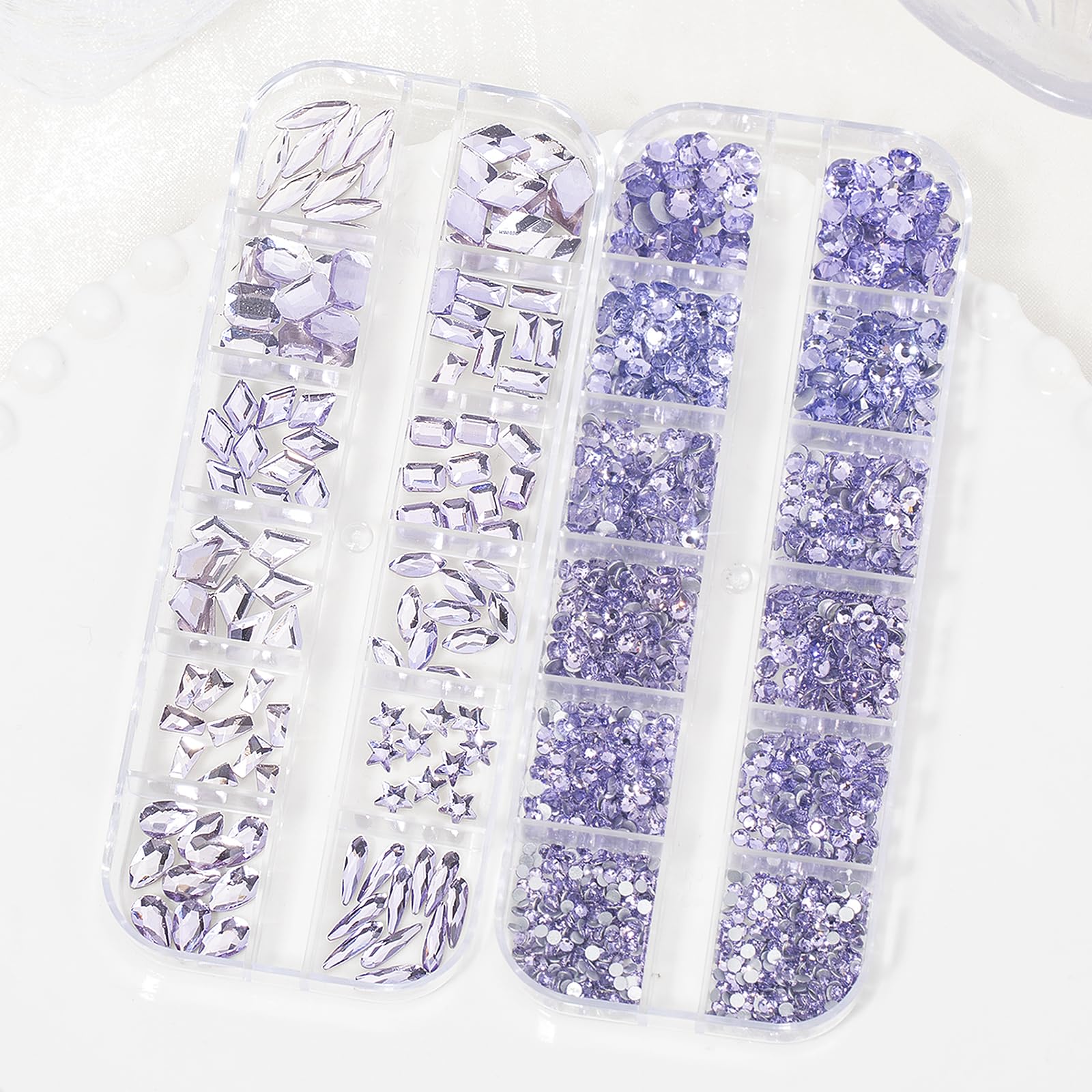 Hnuix Nail Rhinestones - 1600Pcs 3D Multi Shape Size, Light Purple Nail Gems, Flat Back, With Kit, For Nail Art, Diy Decorations