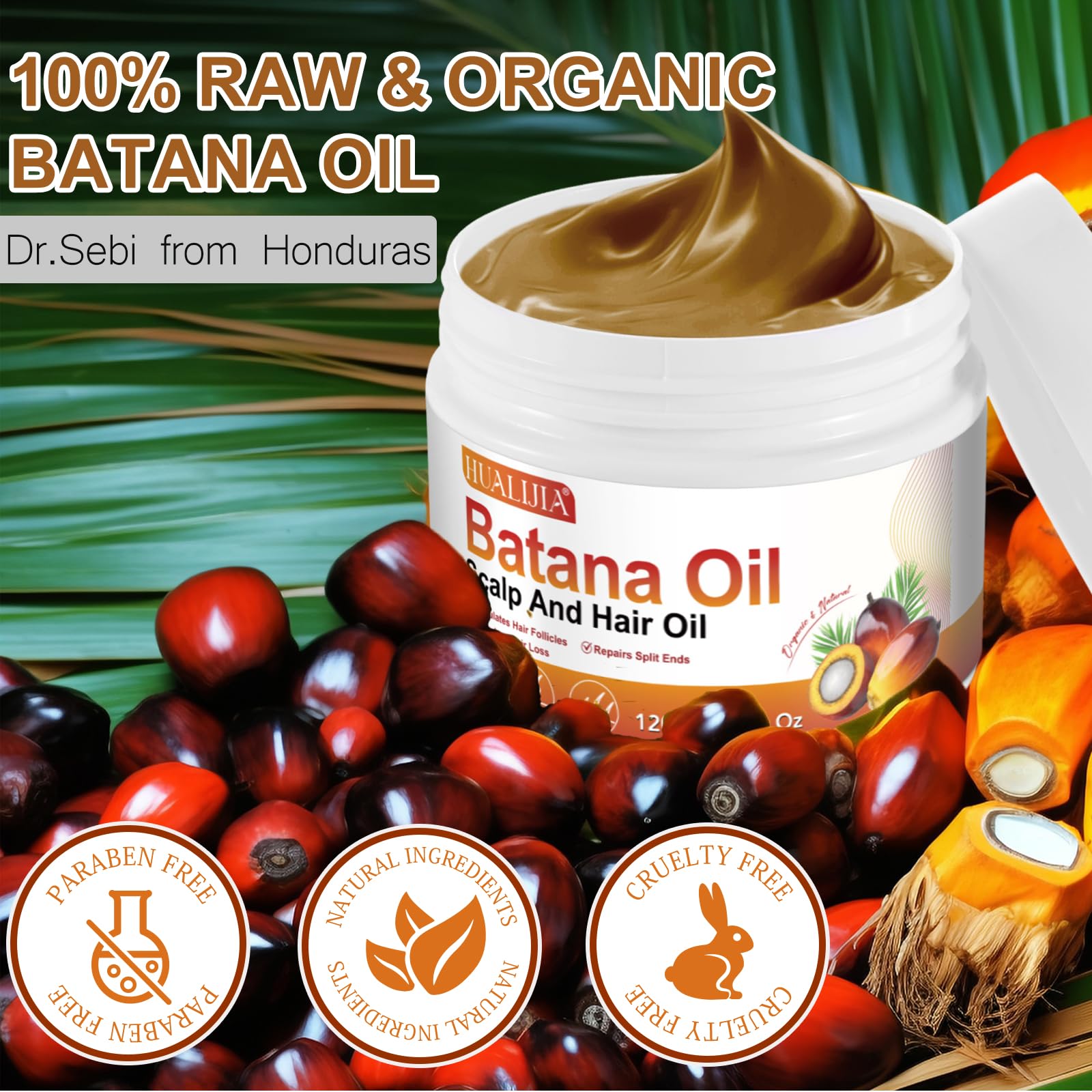 'Hualijia Raw Batana Oil For Hair Growth, Organic Dr. Sebi From Honduras - Prevent Hair Loss, Eliminates Split Ends And Enhance
