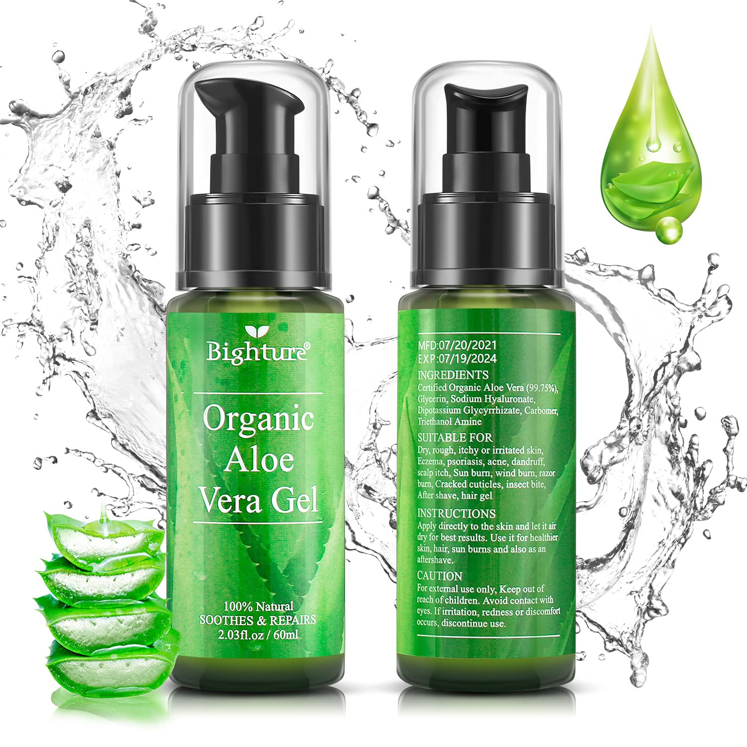Bighture Organic Aloe Vera Gel, Aloe Vera Gel Extracted From Freshly Cut Pure Aloe Leaves, Skin Care For Deeply & Rapidly Soothi