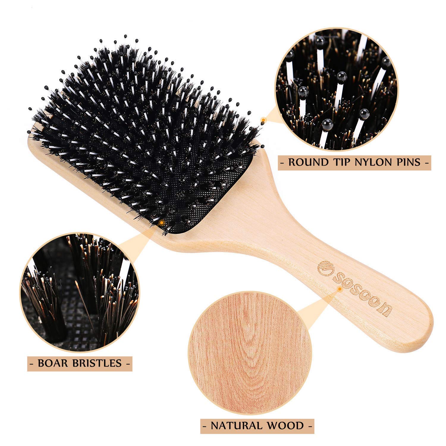 Hair Brush, Sosoon Boar Bristle Paddle Hairbrush For Long Short Thick Thin Curly Straight Wavy Dry Hair For Men Women Kids, No M
