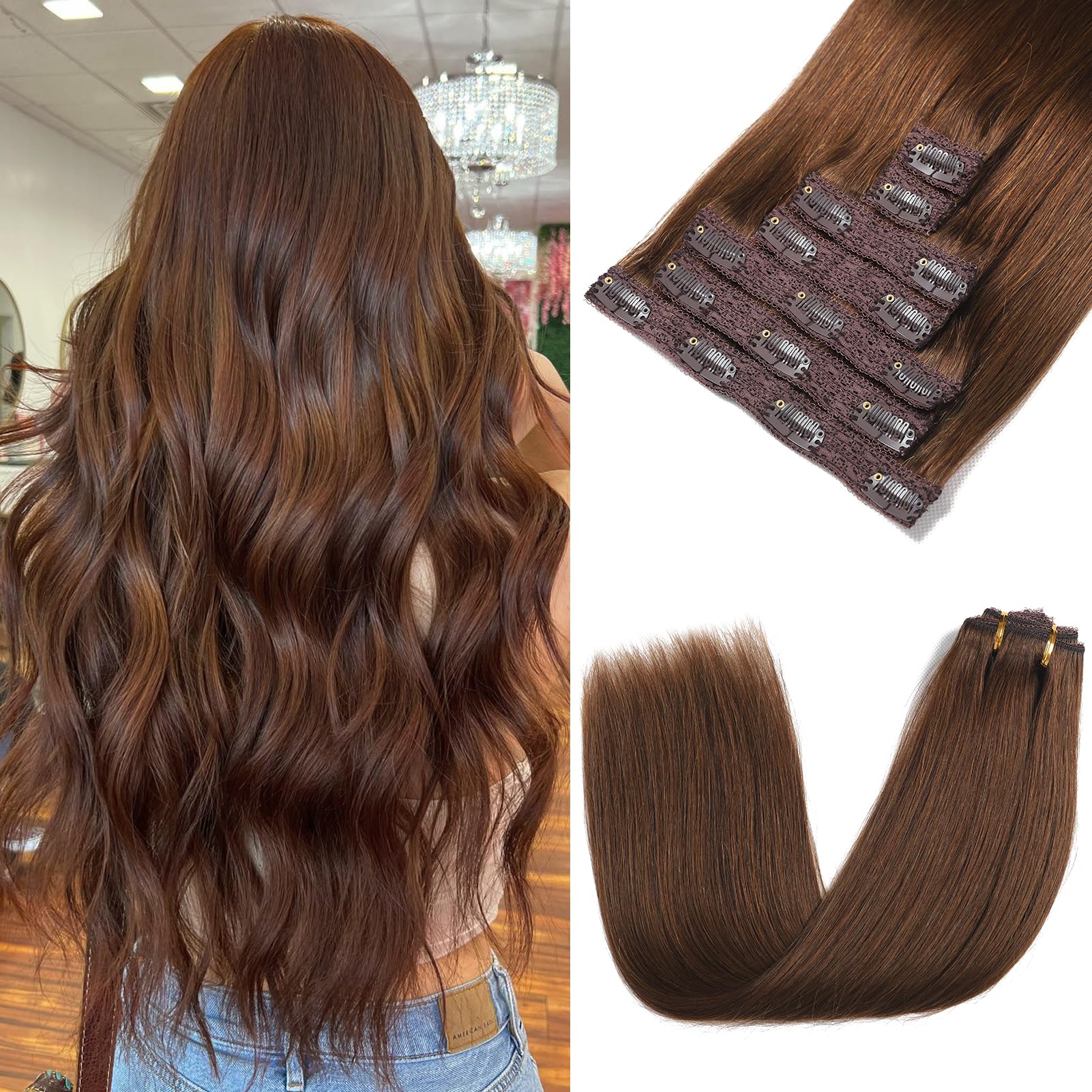 Rimoss Clip in Hair Extensions Real Human Hair, 22 Inch Chocolate Brown Remy Human Hair Clip in Extensions Straight, Premium Sof