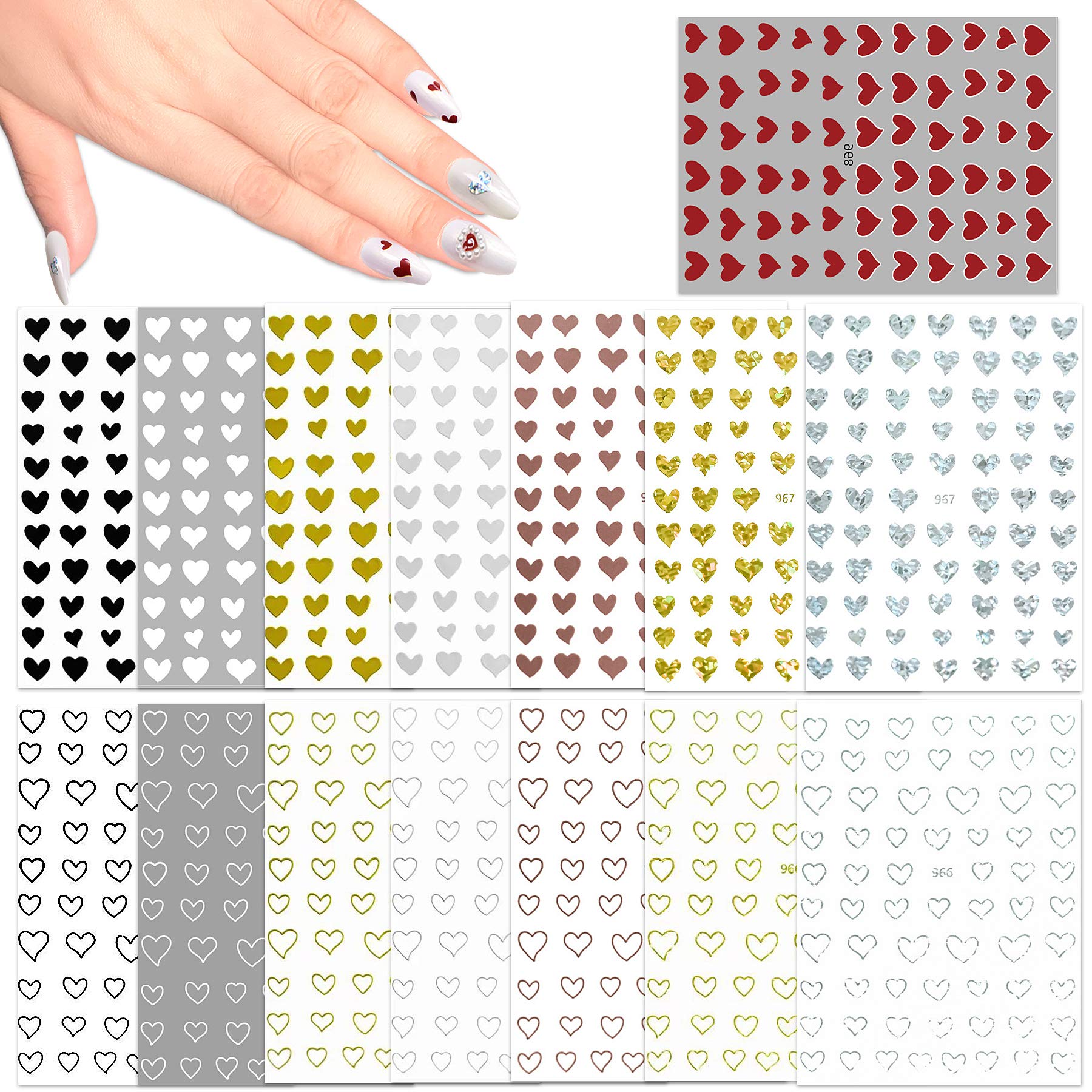 15 Large Sheets Hearts Nail Stickers for Women Girls Kids - 3D Self Adhesive Heart Nail Decals for Natural Fingernails and Acryl