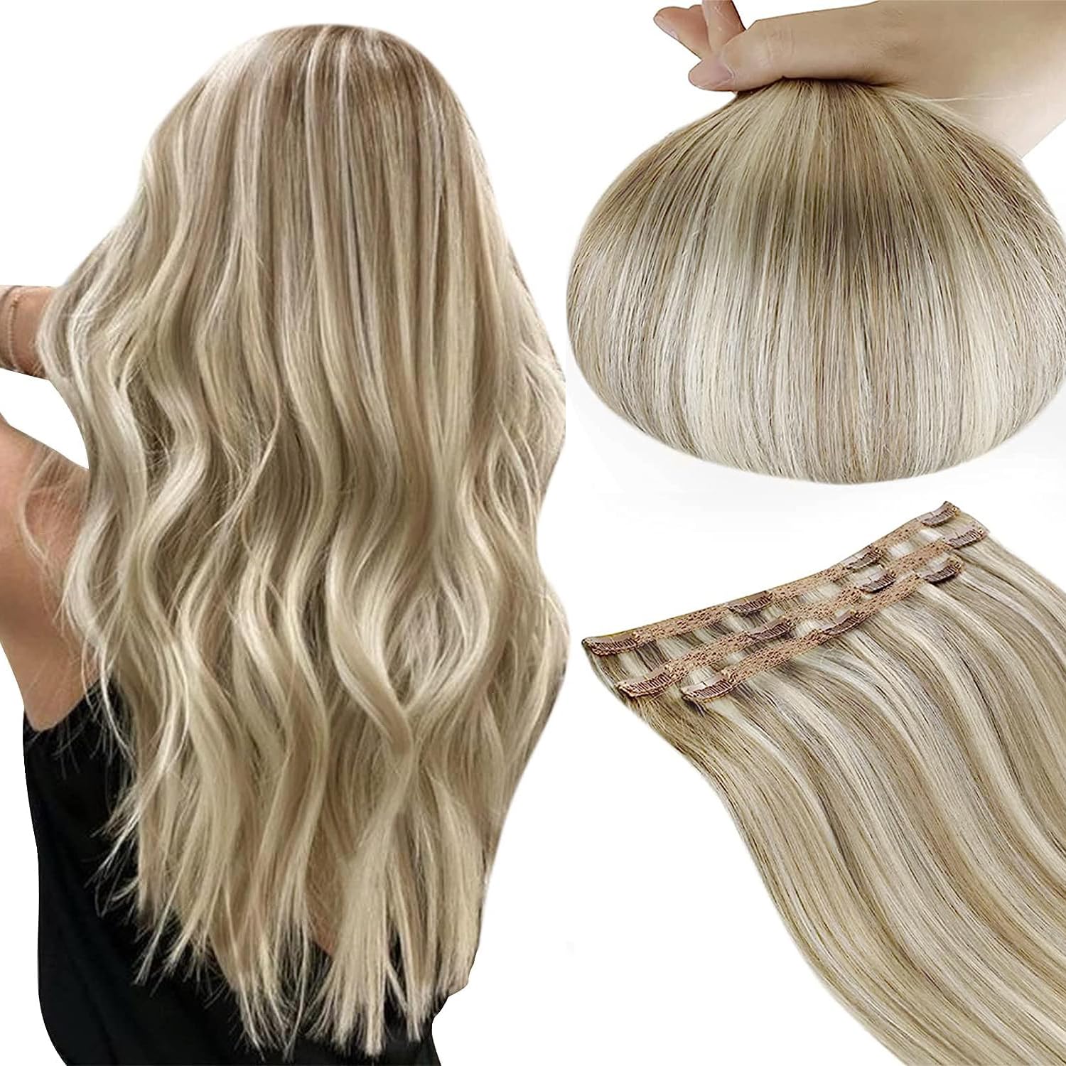 RUNATURE Clip in Hair Extensions Human Hair Highlight Brown with Blonde Human Hair Clip in Extensions for Women Double Weft Remy
