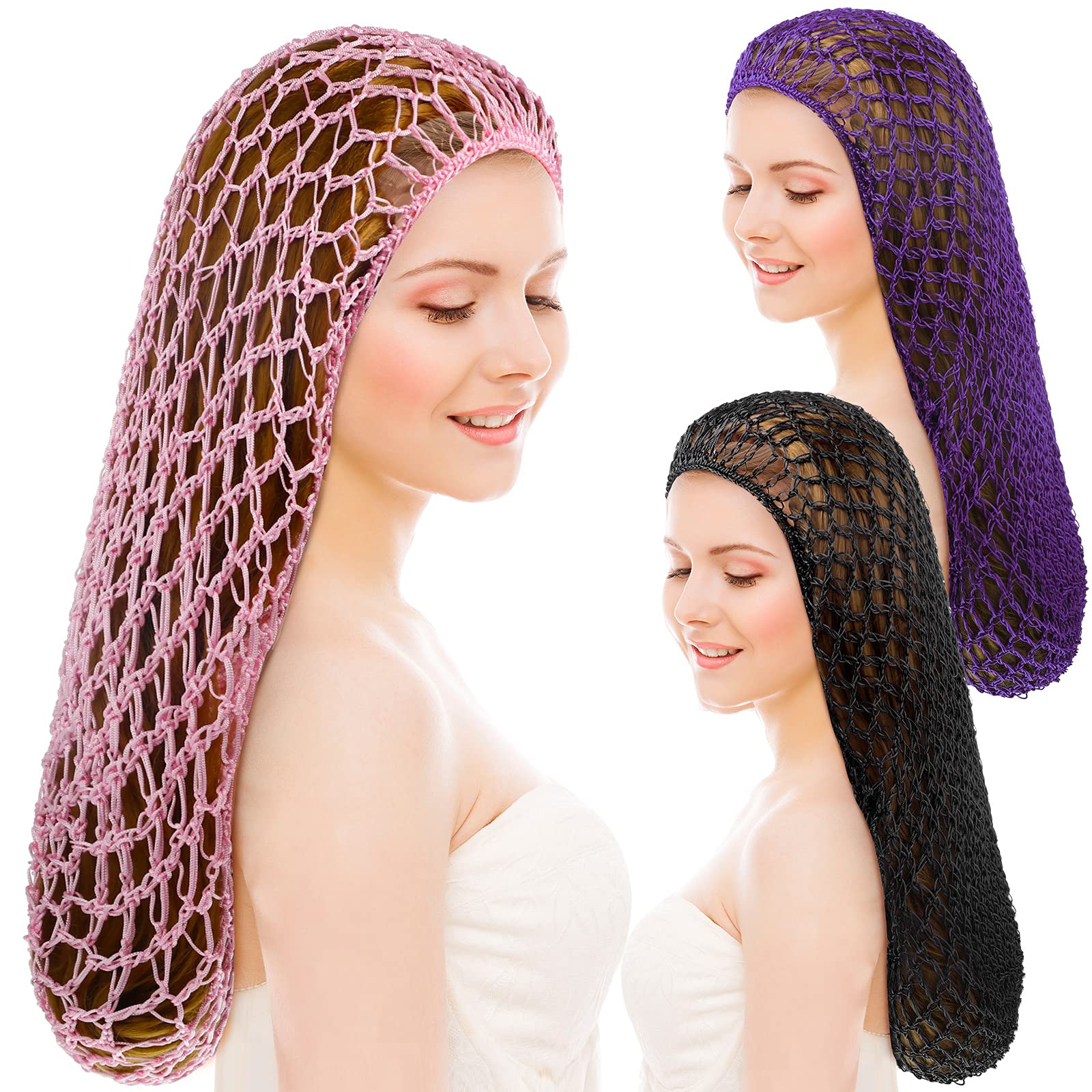 Waydress Hairband, 3 Pieces Mesh Crochet Hair Net Cap, Soft Rayon Snood Hat, Sleeping Cap, Hair Accessories for Women (Black, Pi