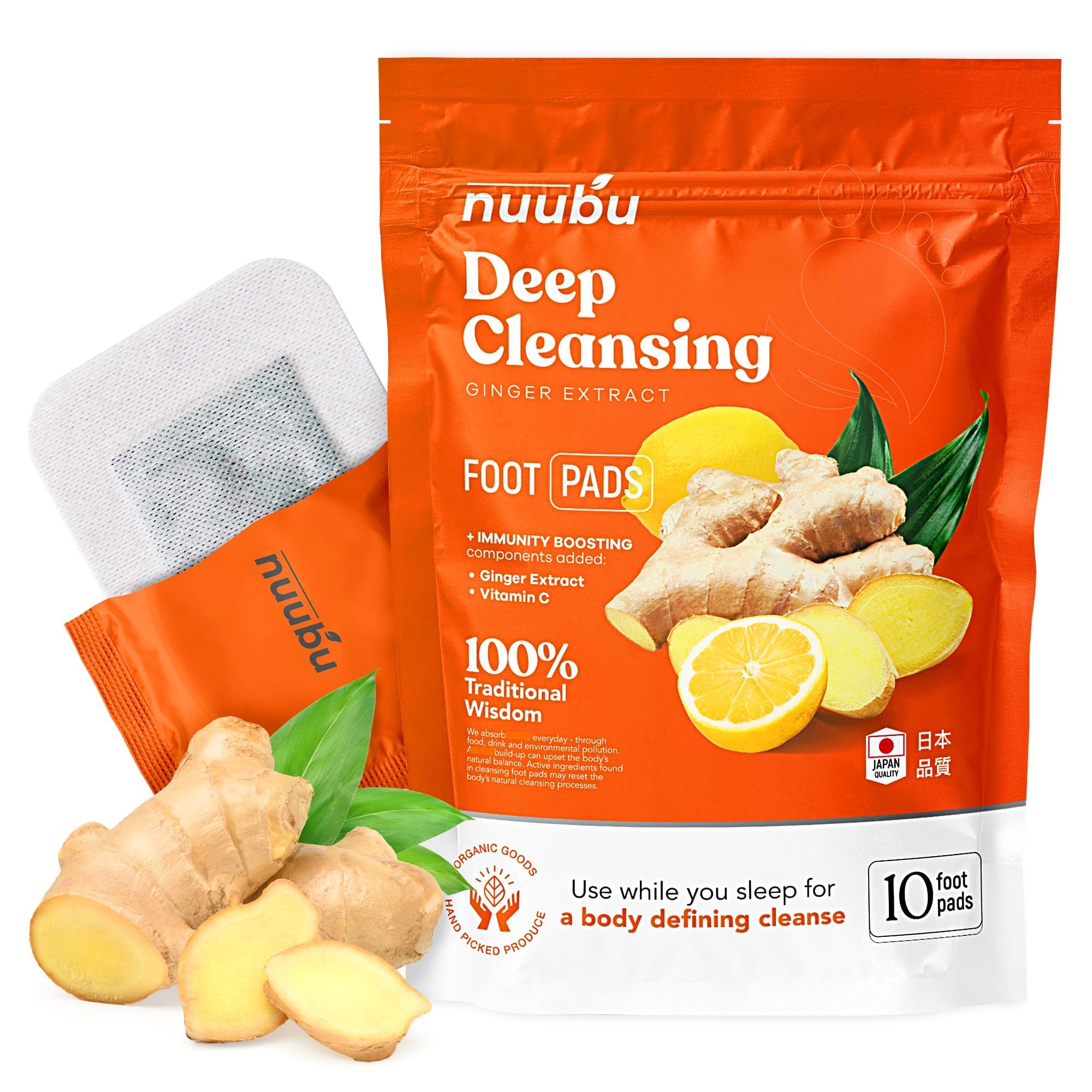 Nuubu | Ginger Deep Cleansing Foot Pads for Better Sleep & Foot Care | Premium Japanese Organic Foot Pads with Ginger Powder (10