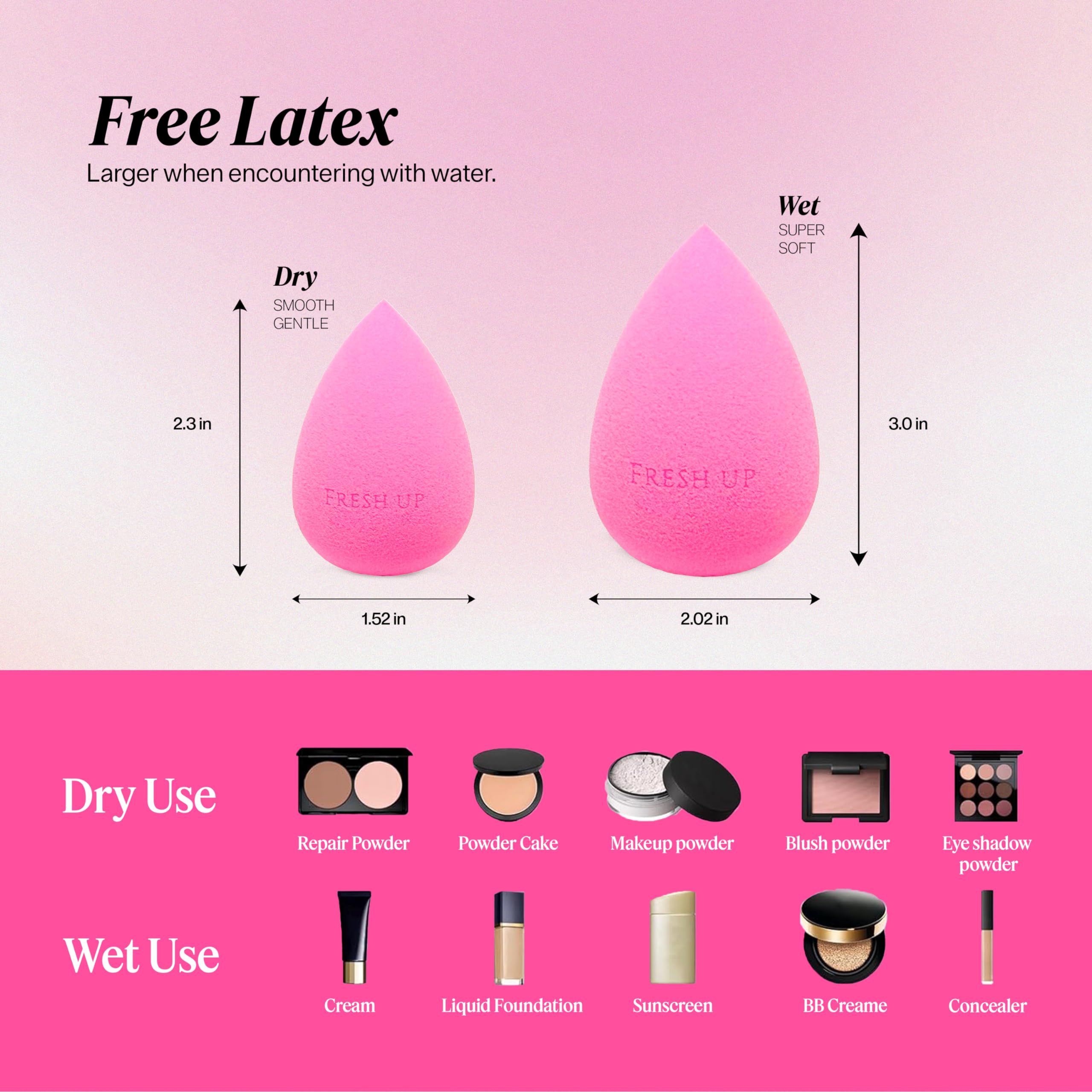 Fresh Up - Original-Pink - Beauty-Blender - Makeup-Sponge - Super-Soft - Foundation-Sponge, Powders, Blush Creams, Reusable, Was