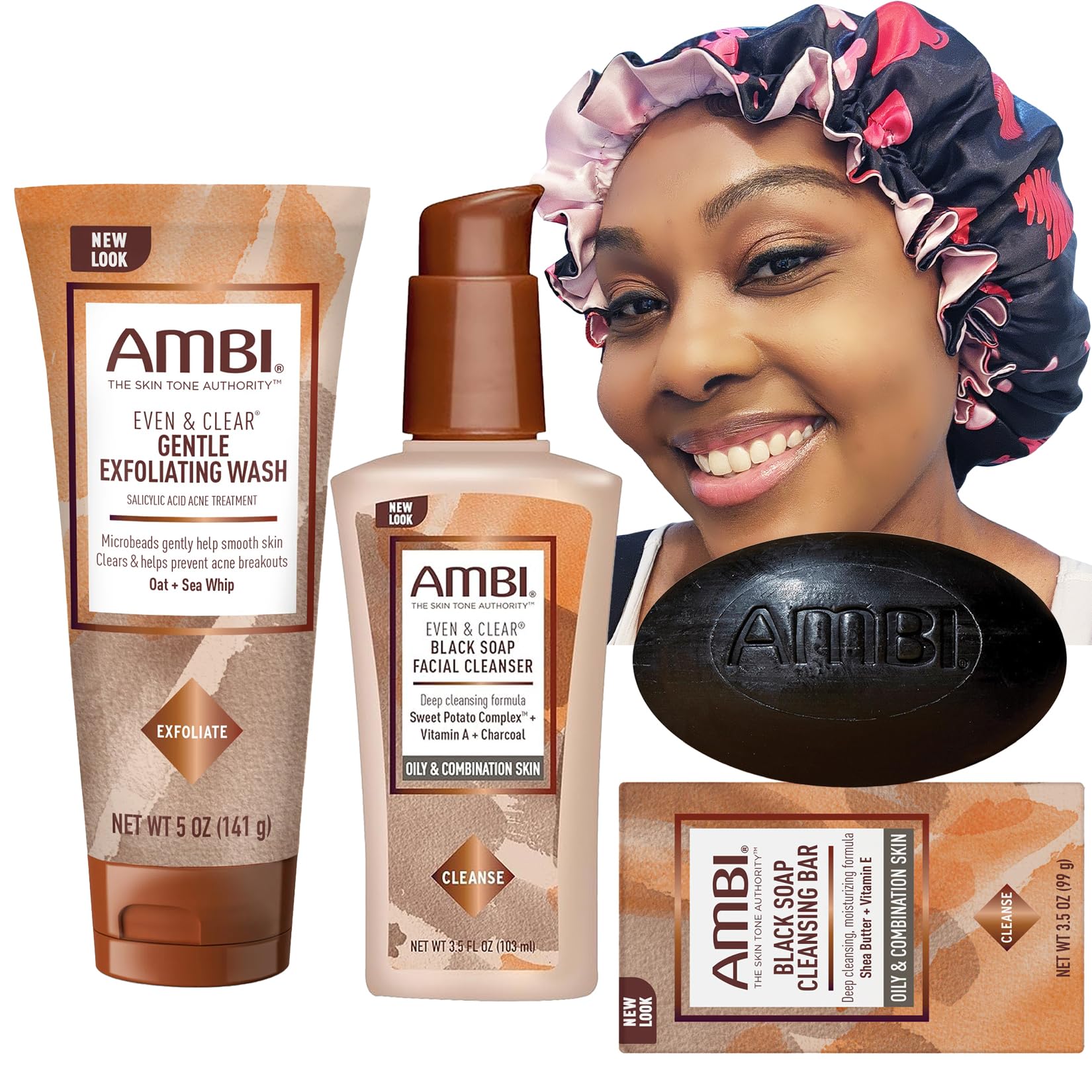 Zomac Satin Bonnet Bundle with Ambi Oily and Combination Skin Products, Includes Ambi Black Soap Cleansing Bar, Ambi Gentle Exfo