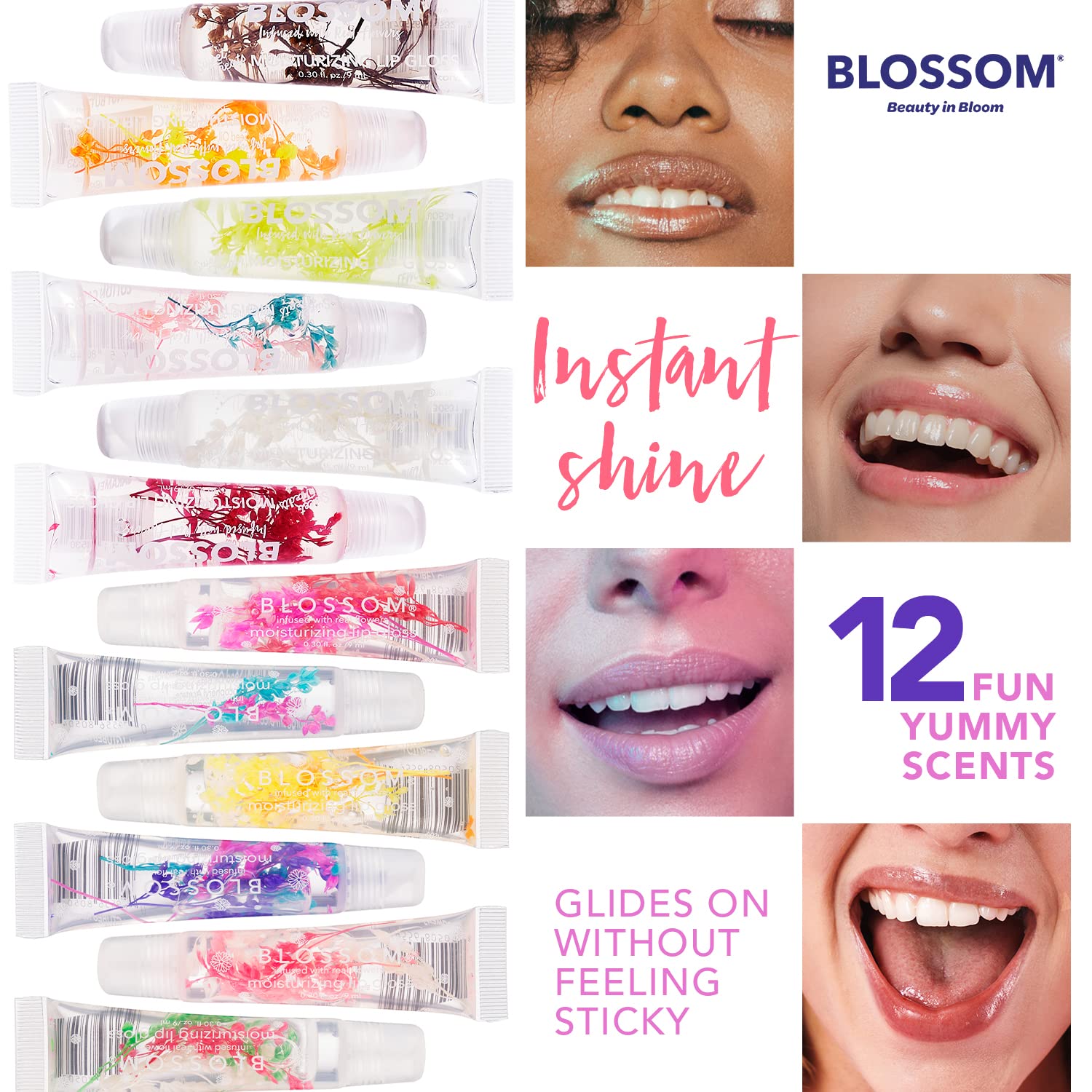 Blossom Scented Moisturizing Lip Gloss Tubes, Infused With Real Flowers, 0.3 Fl. Oz/9Ml, Coconut Macaroon