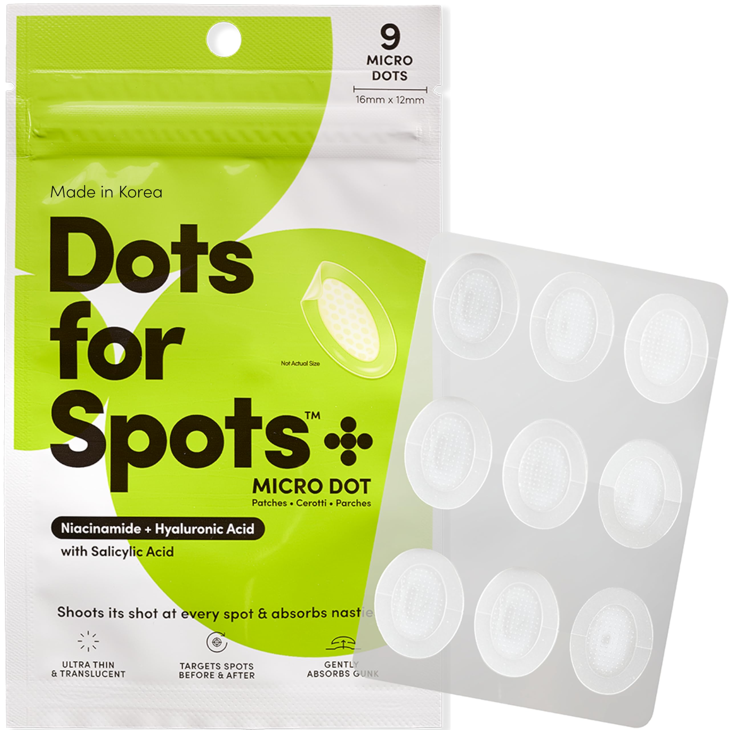 Dots for Spots Micro Dot Pimple Patches (Pack of 9) - Niacinamide Formula for Face and Body - Discreet Design, Fast-Acting, Vega