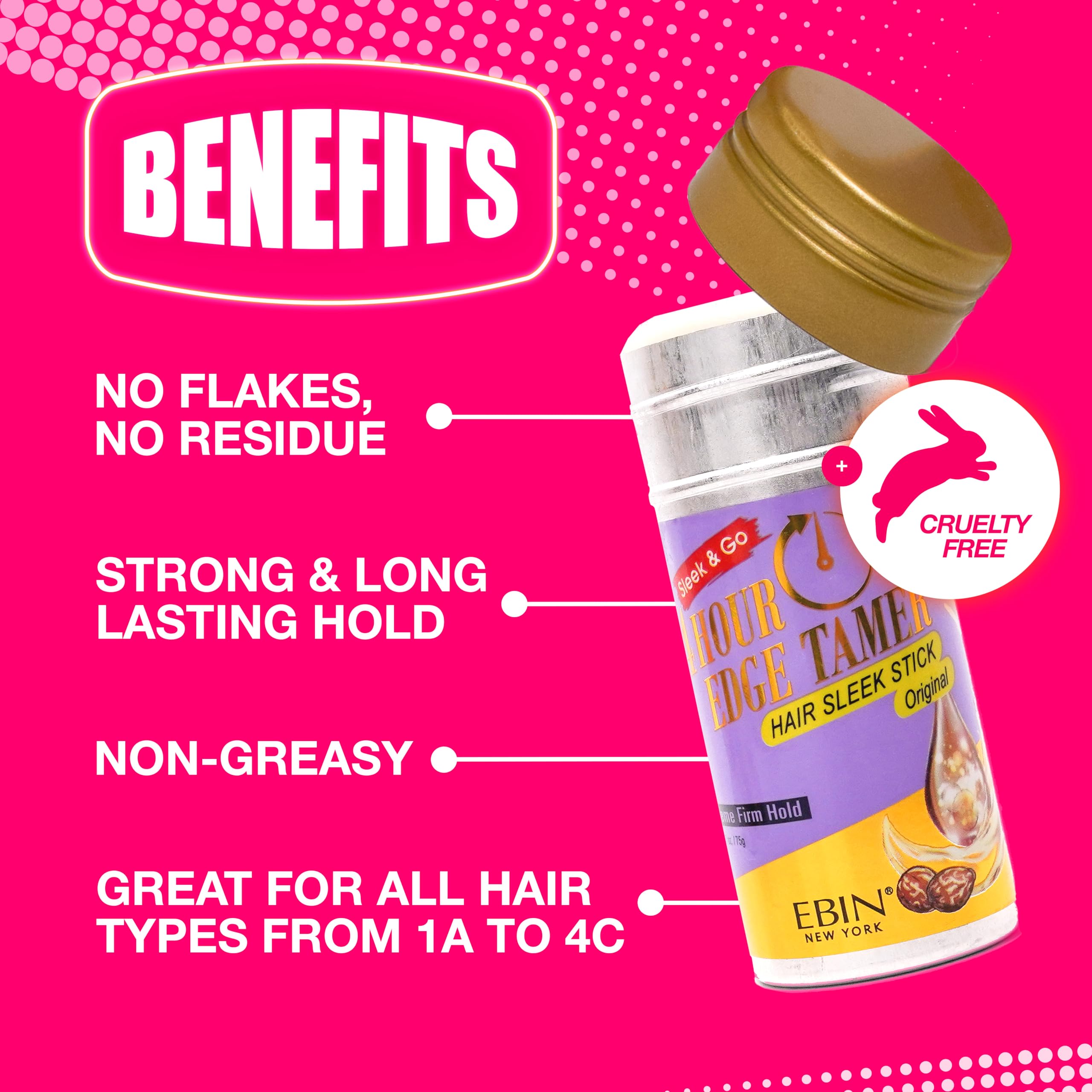Ebin New York 24 Hour Edge Tamer Hair Sleek Stick, Extreme Firm Hold, 2.7 Oz, Kiwi Pineapple - Sleek & Go, No Flaking And White