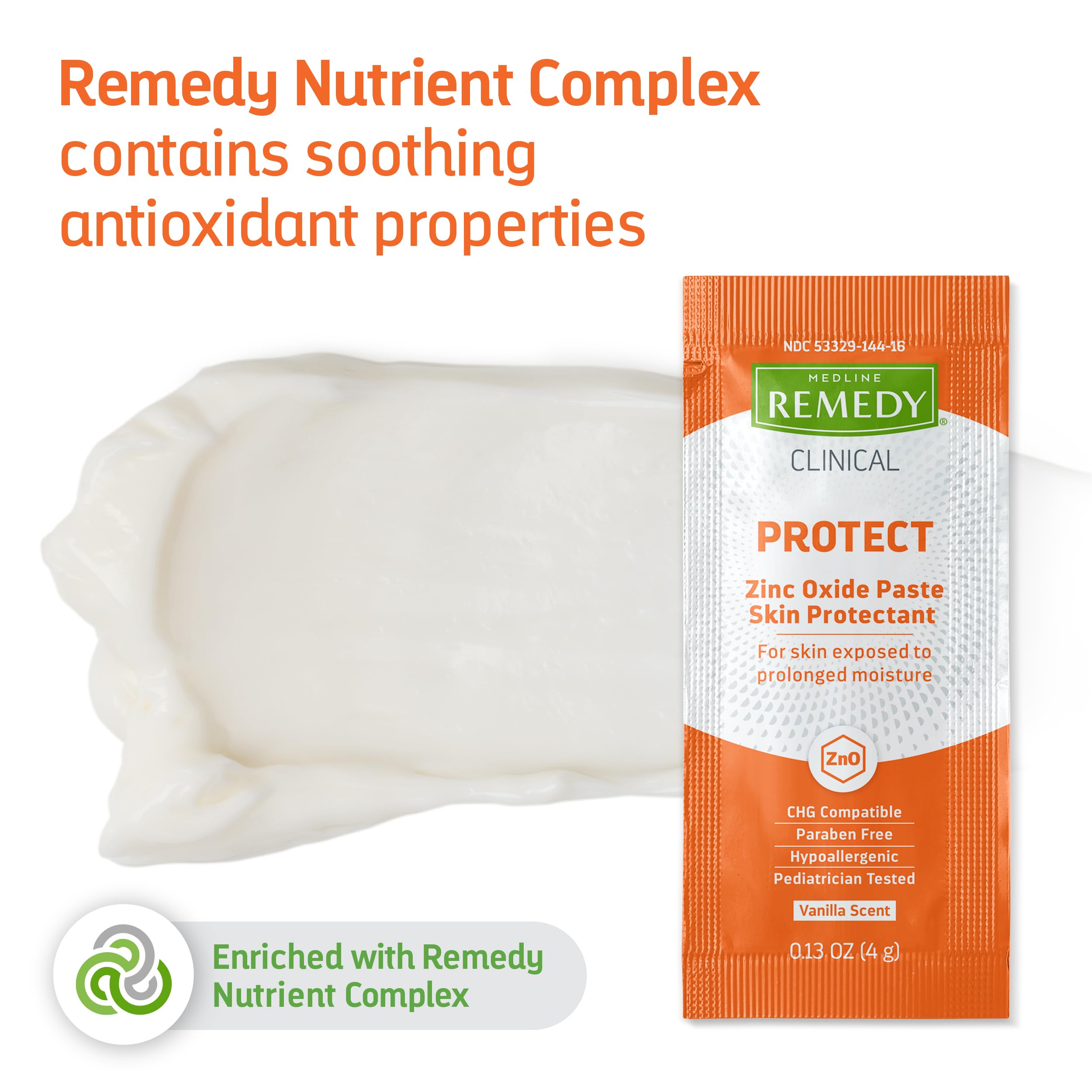 Medline Remedy Clinical Zinc Oxide Paste Skin Protectant, 144 Packets (0.13 Fl Oz), Vanilla Scent, Diaper Rash Cream, Incontinen