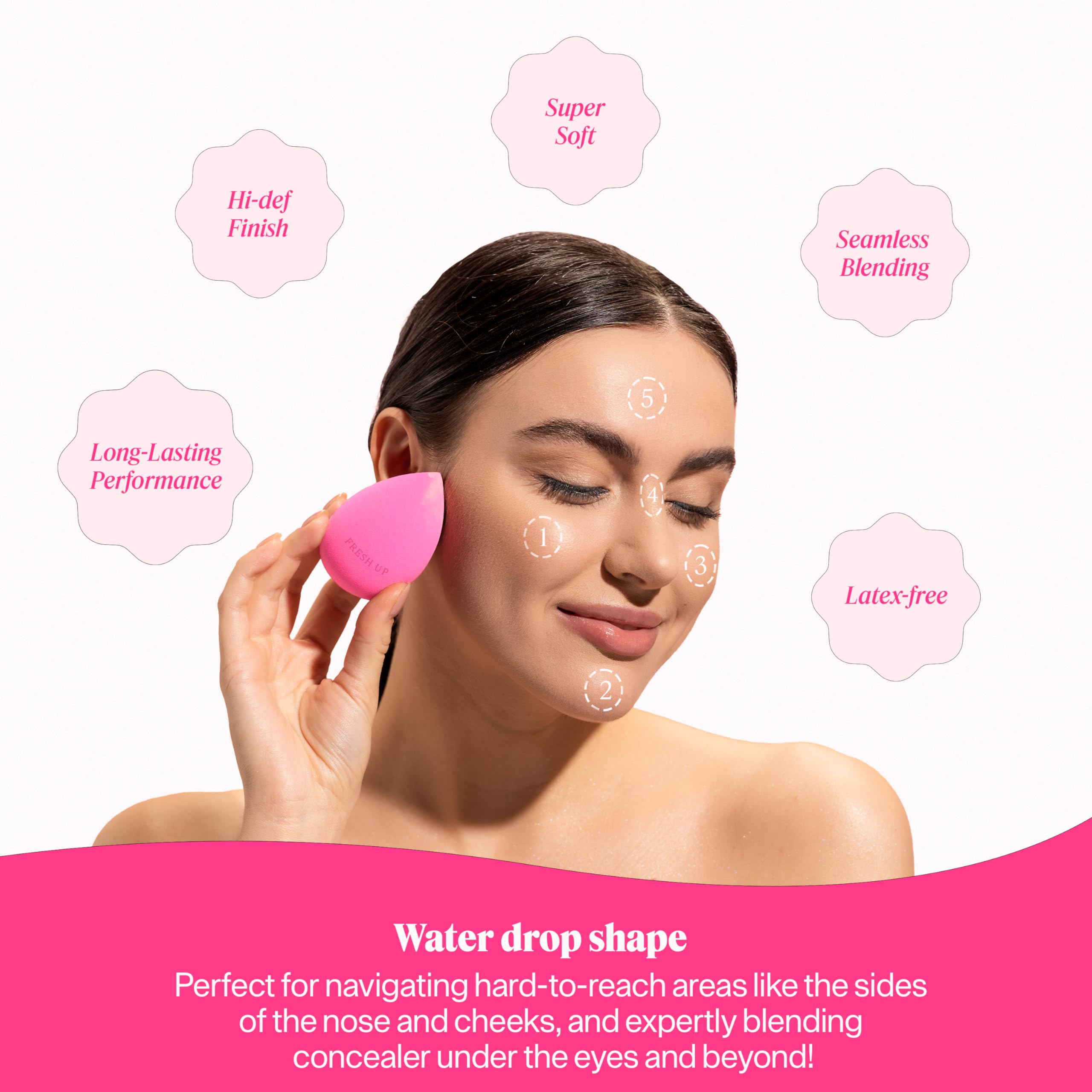 Fresh Up - Original-Pink - Beauty-Blender - Makeup-Sponge - Super-Soft - Foundation-Sponge, Powders, Blush Creams, Reusable, Was