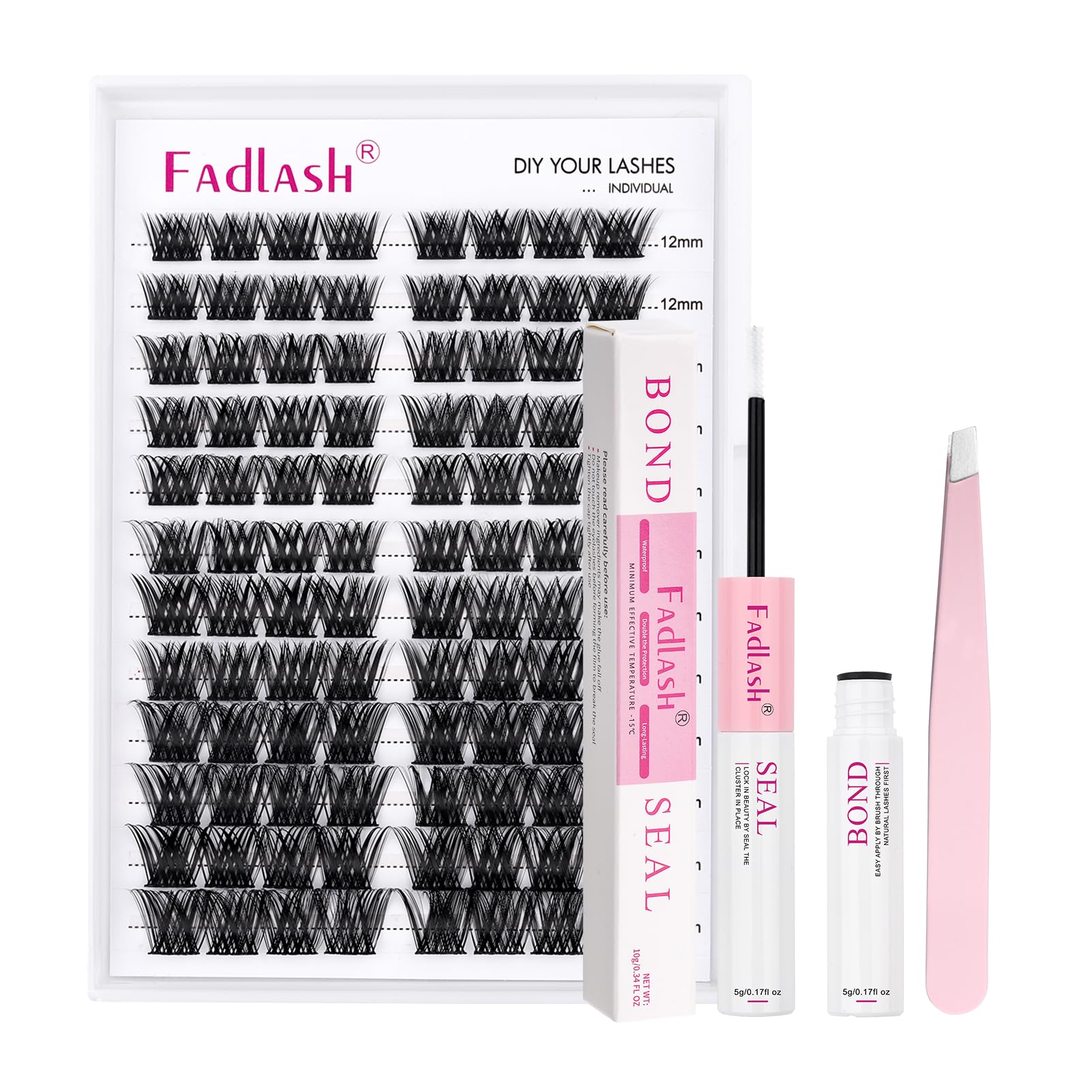 FADLASH Eyelash Extension Kit Lash Clusters Mix Tray Thin Band DIY Lash Extension Kit with Lash Bond and Seal Lash Tweezers Eyel