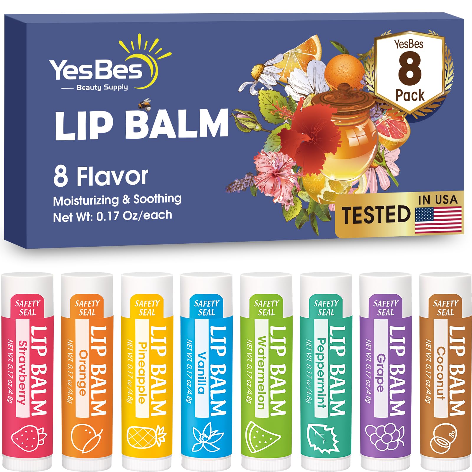 YesBes Lip Balm, 8 Pack Natural Bulk with Vitamin E & Coconut Oil, Moisturizing Dry Cracked Lips Protection, 8 Flavors - Stockin