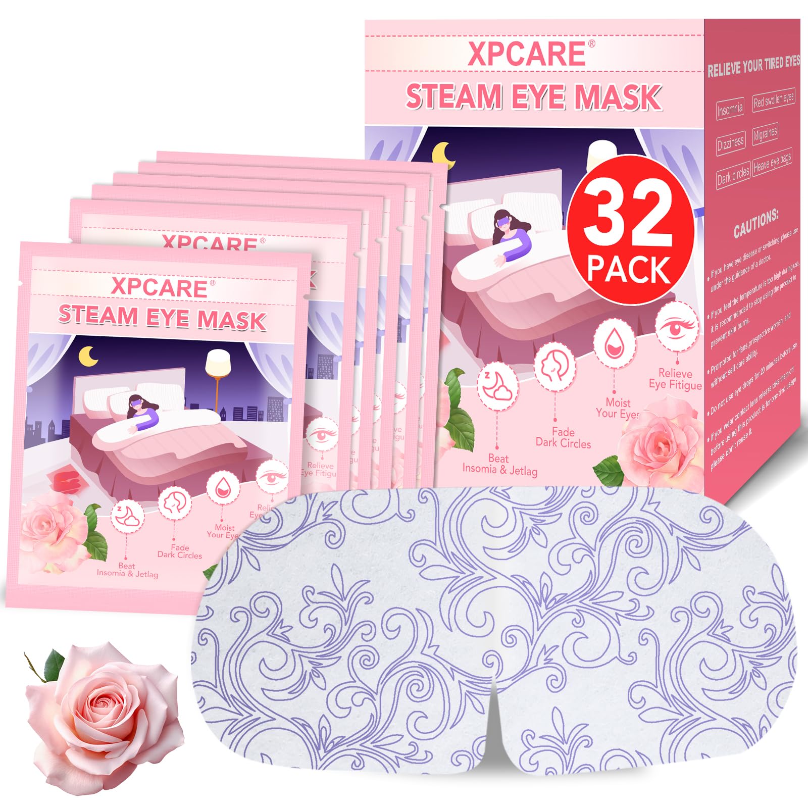 XPCARE 32 Pack Steam Eye Masks for Dry Eyes, SPA Warm Sleep Eye Mask, Disposable Heated Eye Mask for Dark Circles, Puffy Eyes, R