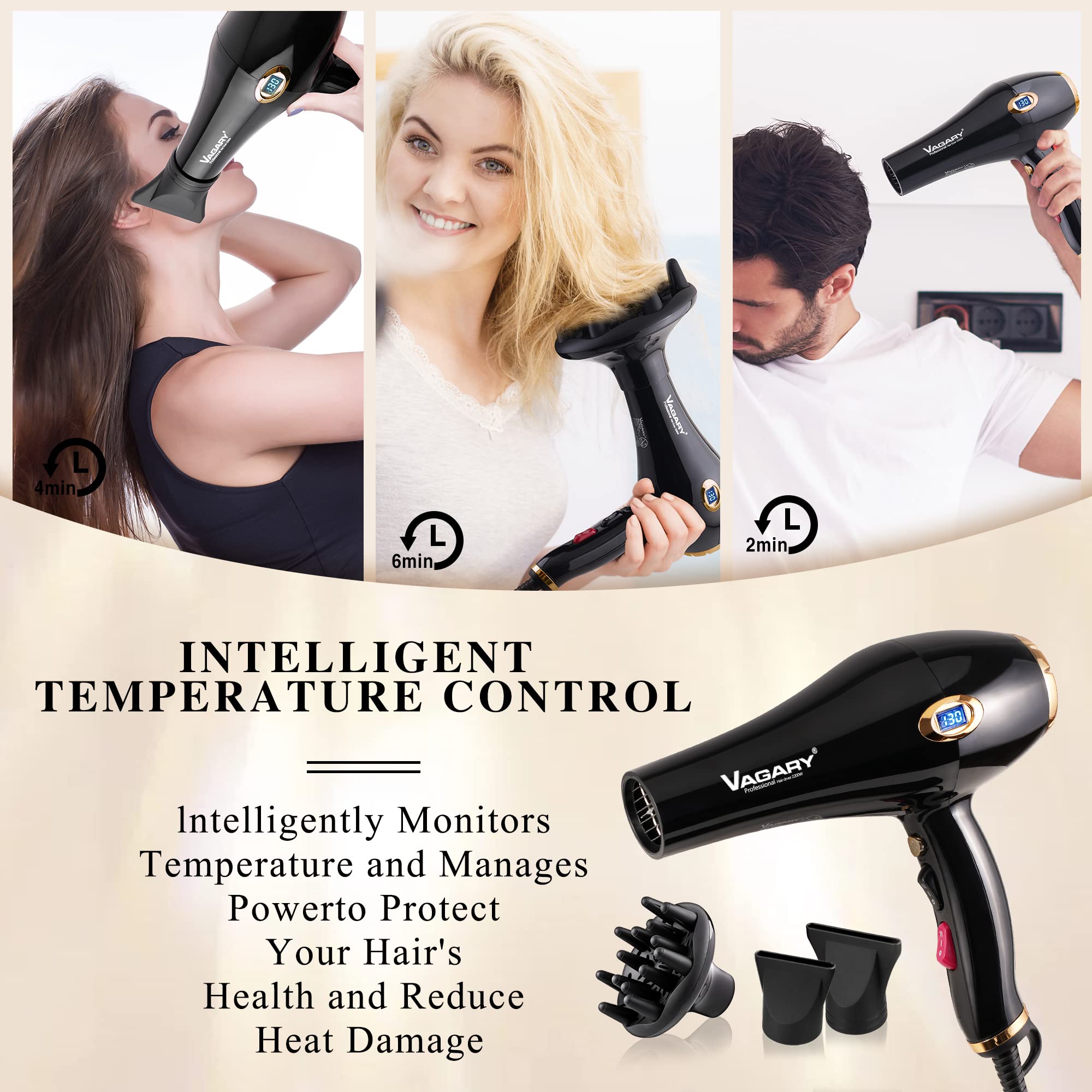 Vagary 6685G Professional Salon Hair Dryer 2200W With Icd Display,Negative Ionic Blow Dryer,Powerful Ac Motor Blow Dryer,Low Noi