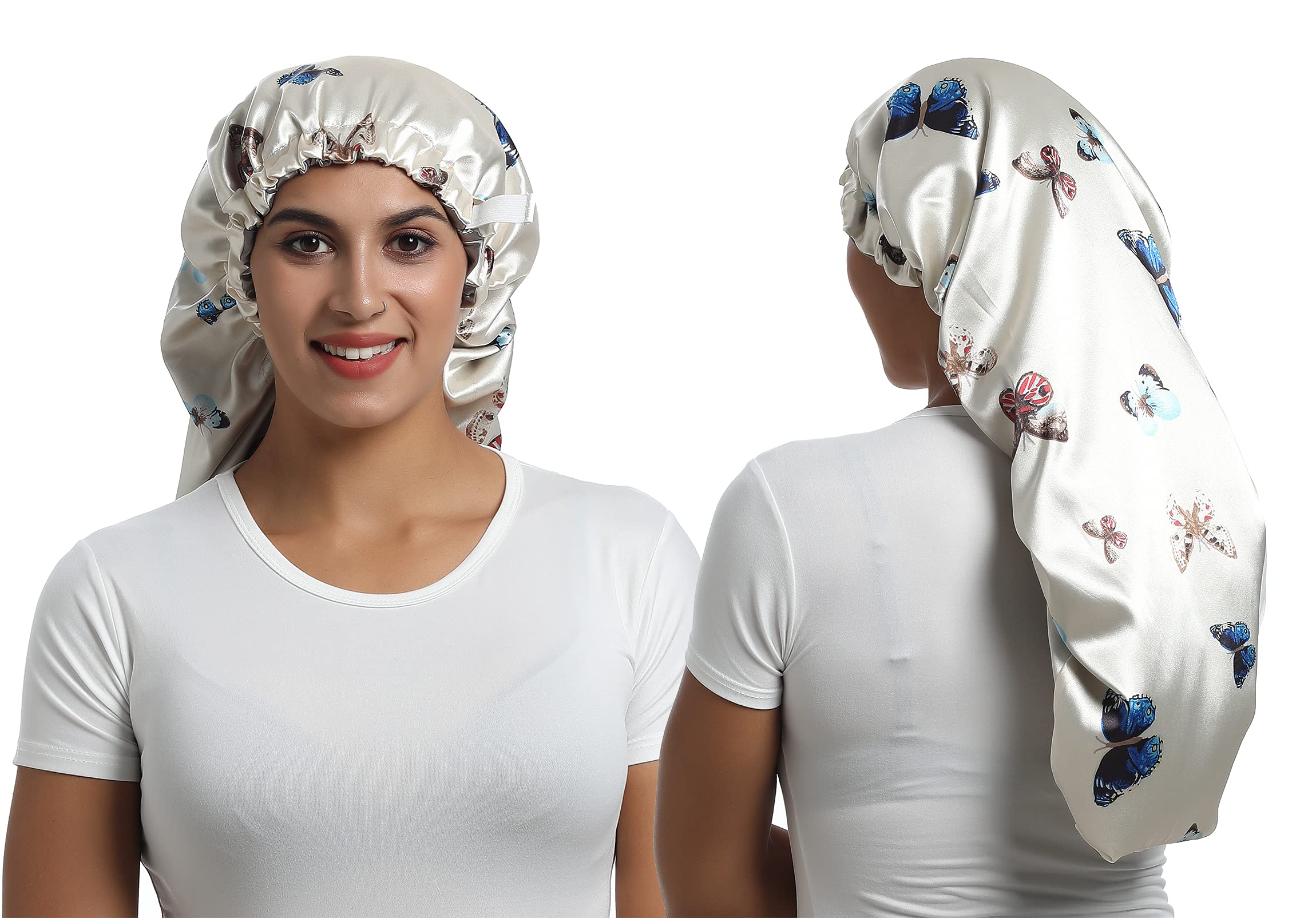 Saymre Satin Bonnet Silky Sleep Cap,Adjustable Hair Bonnet For Braids Curly Hair (Long Size, Long Butterfly)