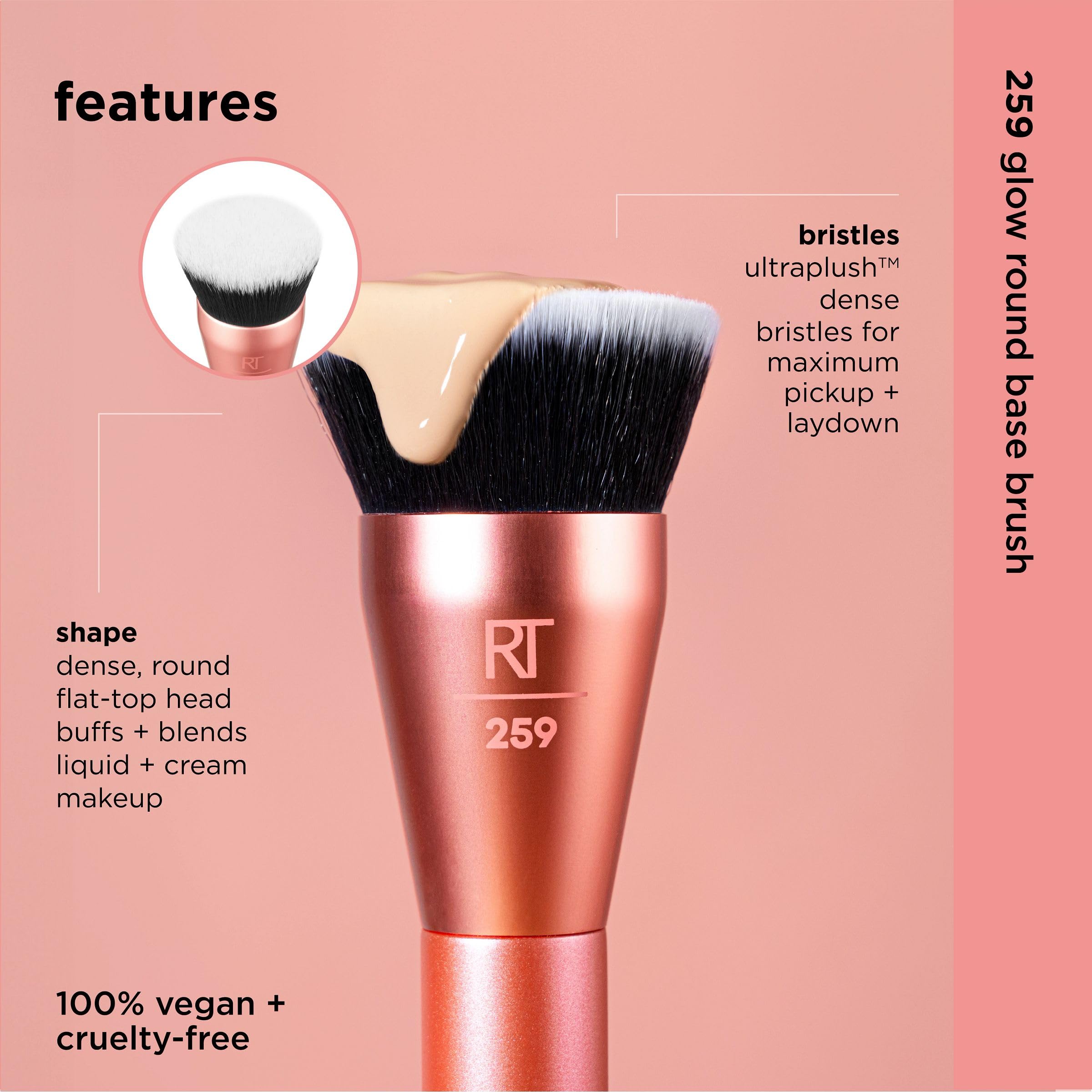 Real Techniques Glow Round Base Makeup Brush, For Liquid & Cream Makeup, Flat Top Foundation Brush For Buffing & Blending Up Cov