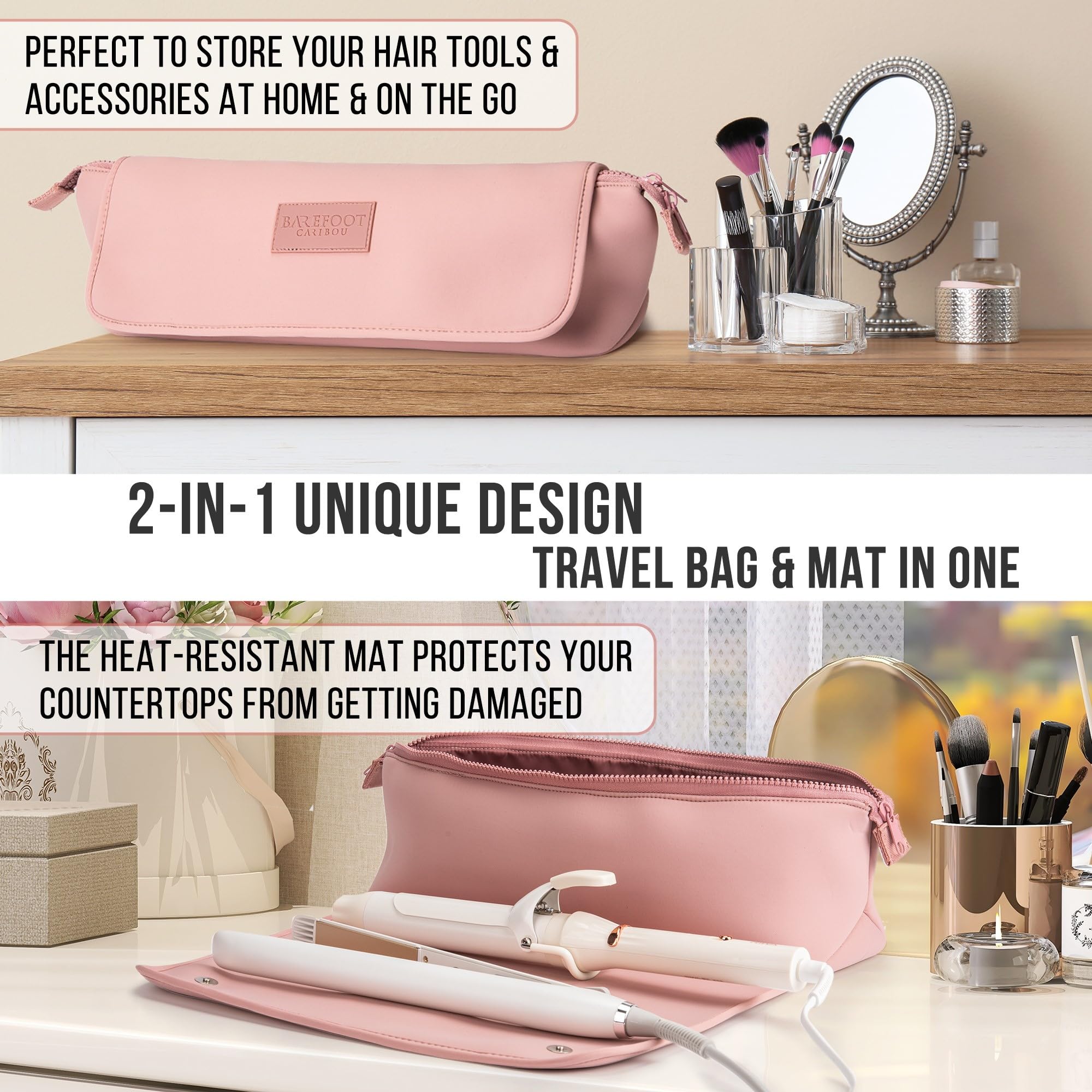 Barefoot Caribou Hair Tools Travel Bag And Heat Resistant Mat For Flat Irons, Straighteners, Curling Iron, And Haircare Accessor