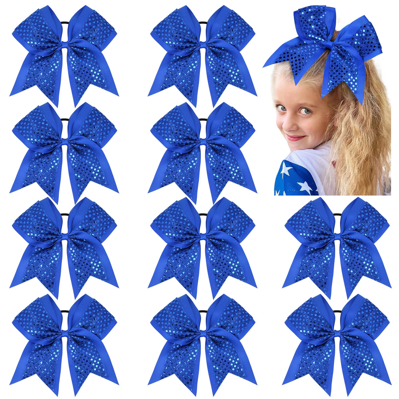 10 PCS 8'' Large Glitter Cheer Bows Shiny Girl Hair Bows Ponytail Holder Sparkly Blue Cheerleading Softball Team Bow Hair Access